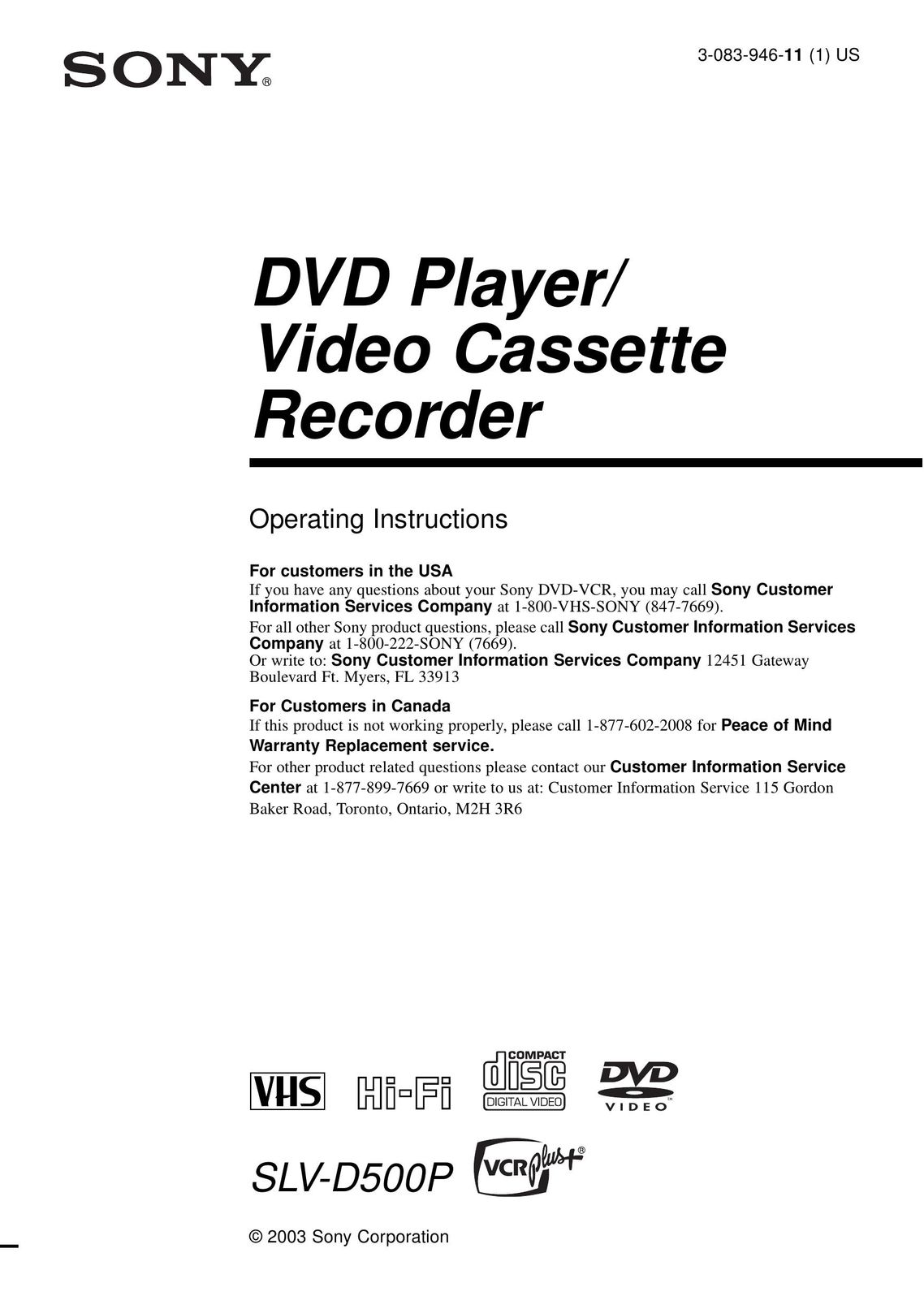 Sony SLV-D500P DVD VCR Combo User Manual