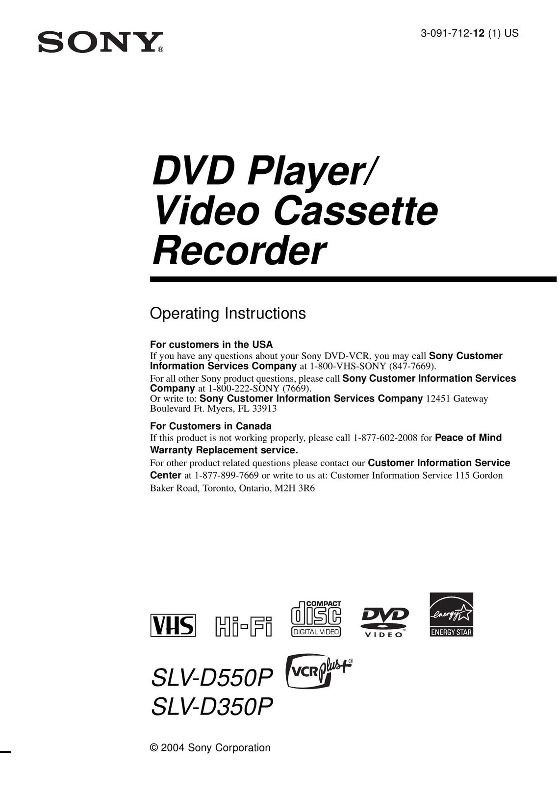 Sony SLV-D550P DVD VCR Combo User Manual