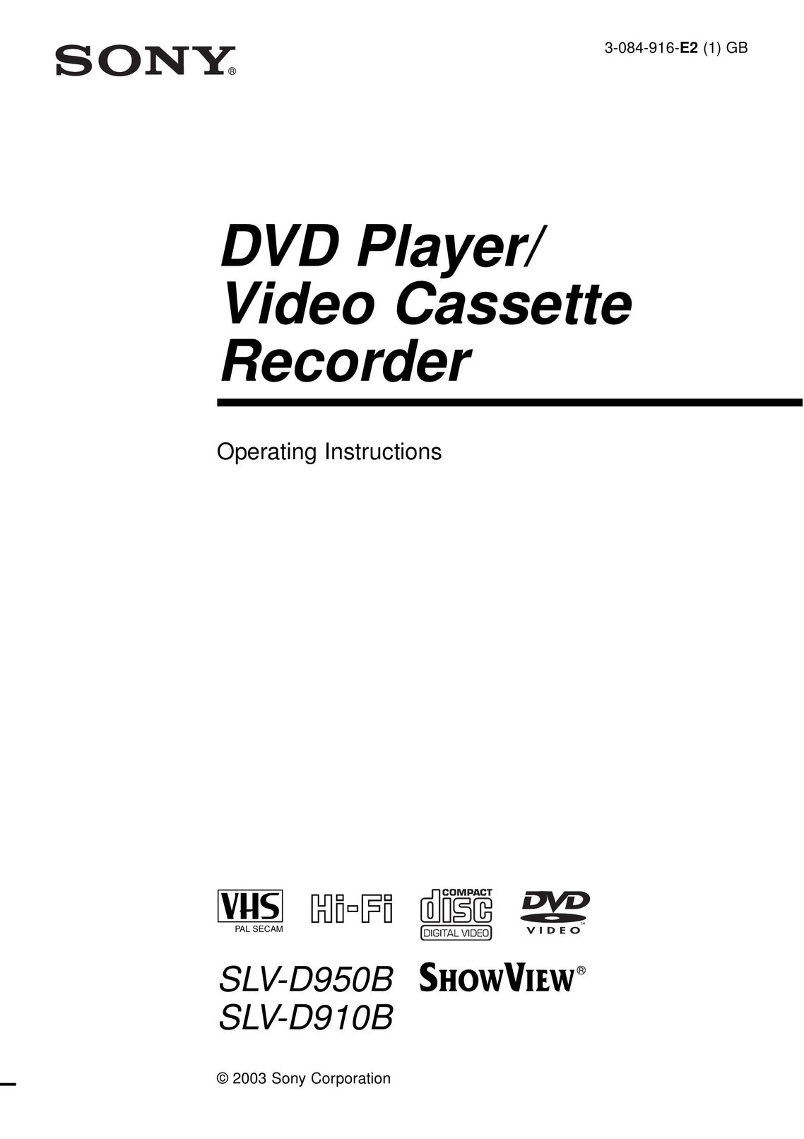 Sony SLV-D950B DVD VCR Combo User Manual