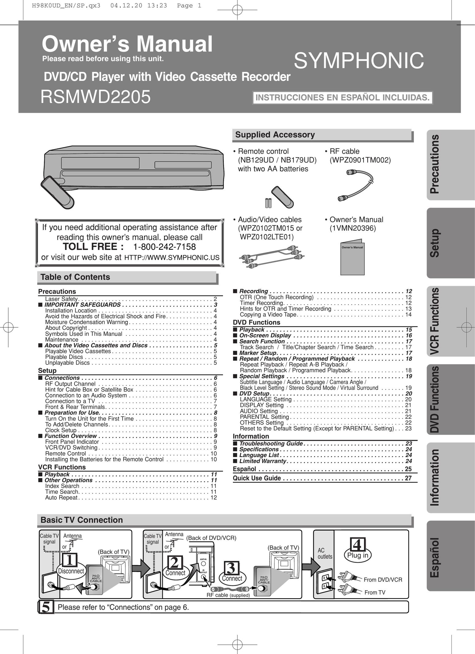 Symphonic RSMWD2205 DVD VCR Combo User Manual