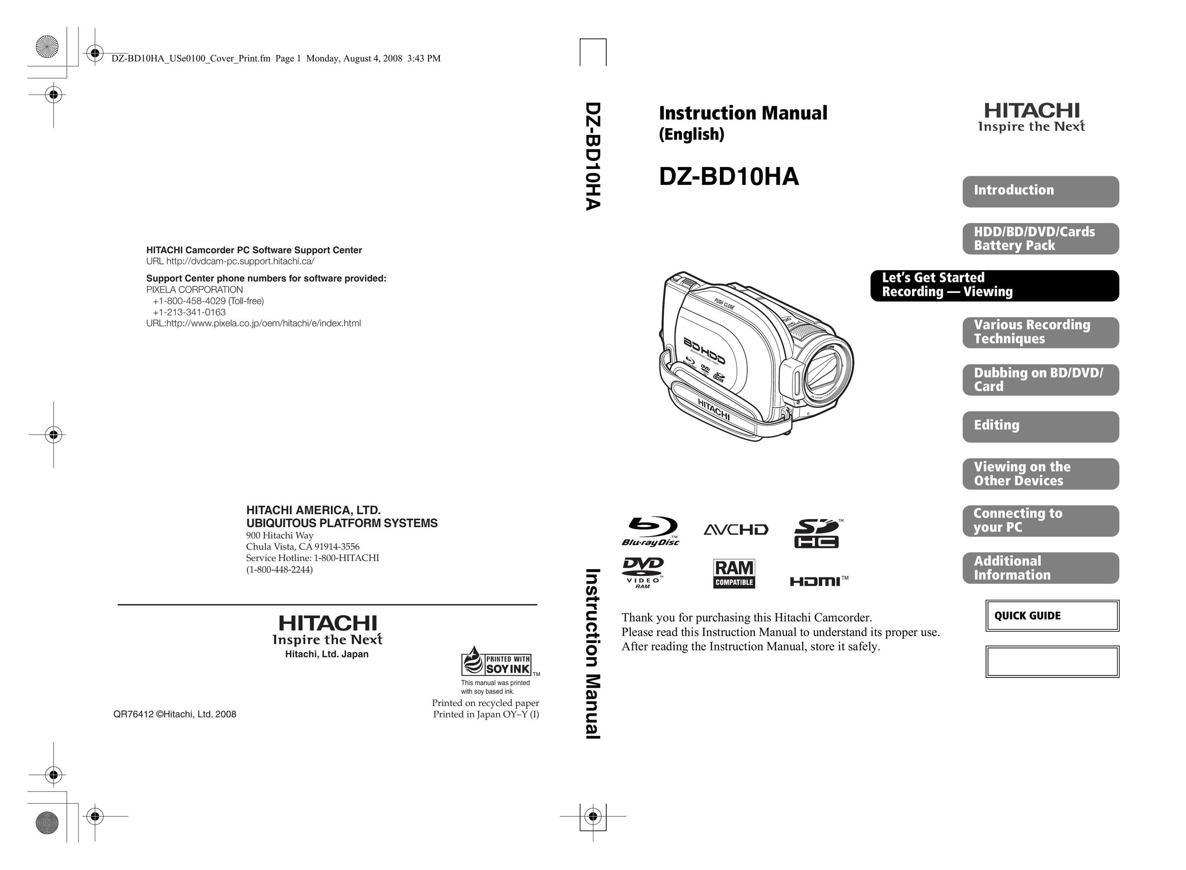 Hitachi DZ-BD10HA DVR User Manual