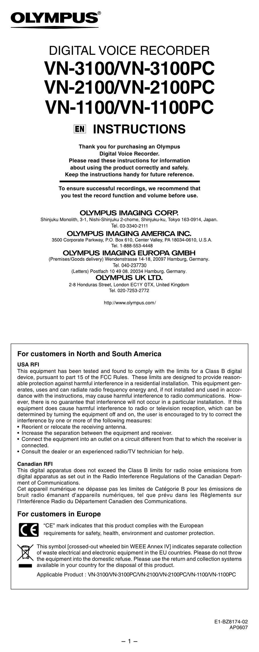 Olympus VN-1100PC DVR User Manual