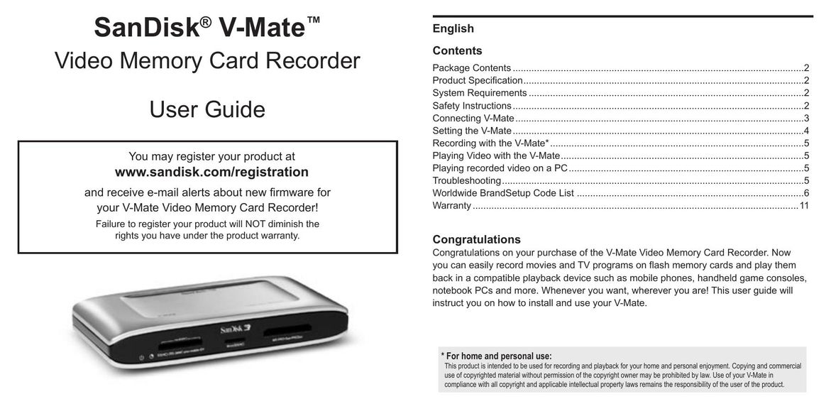 SanDisk Video Memory Card Recorder DVR User Manual