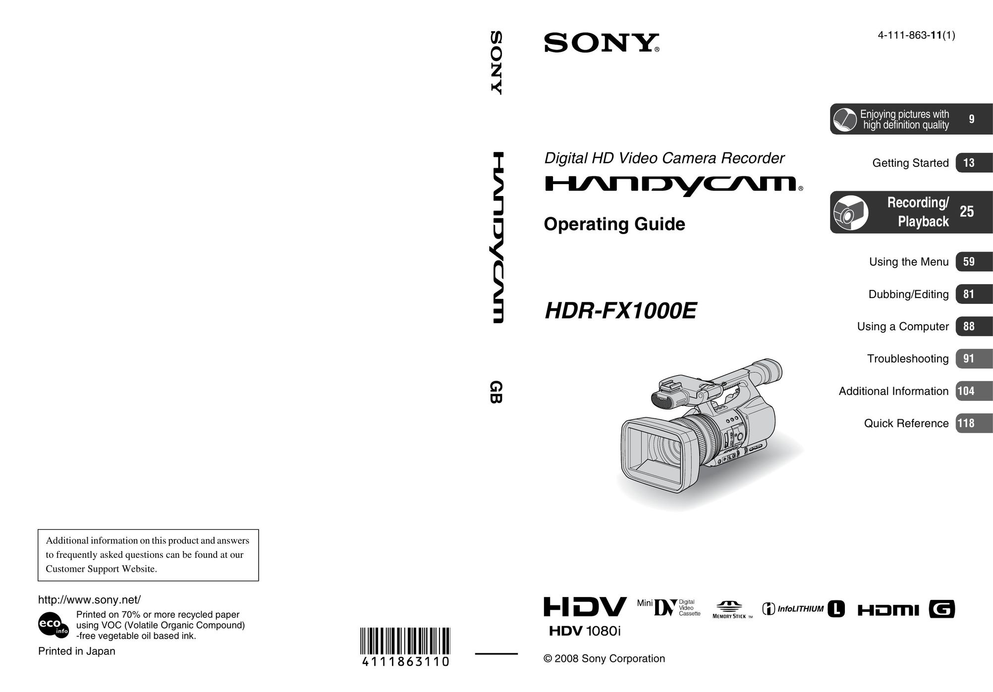 Sony HDR-FX1000E DVR User Manual