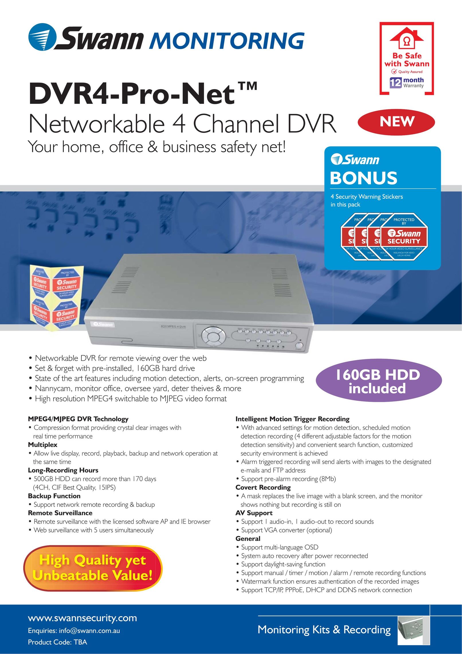 Swann 160GB HDD DVR User Manual
