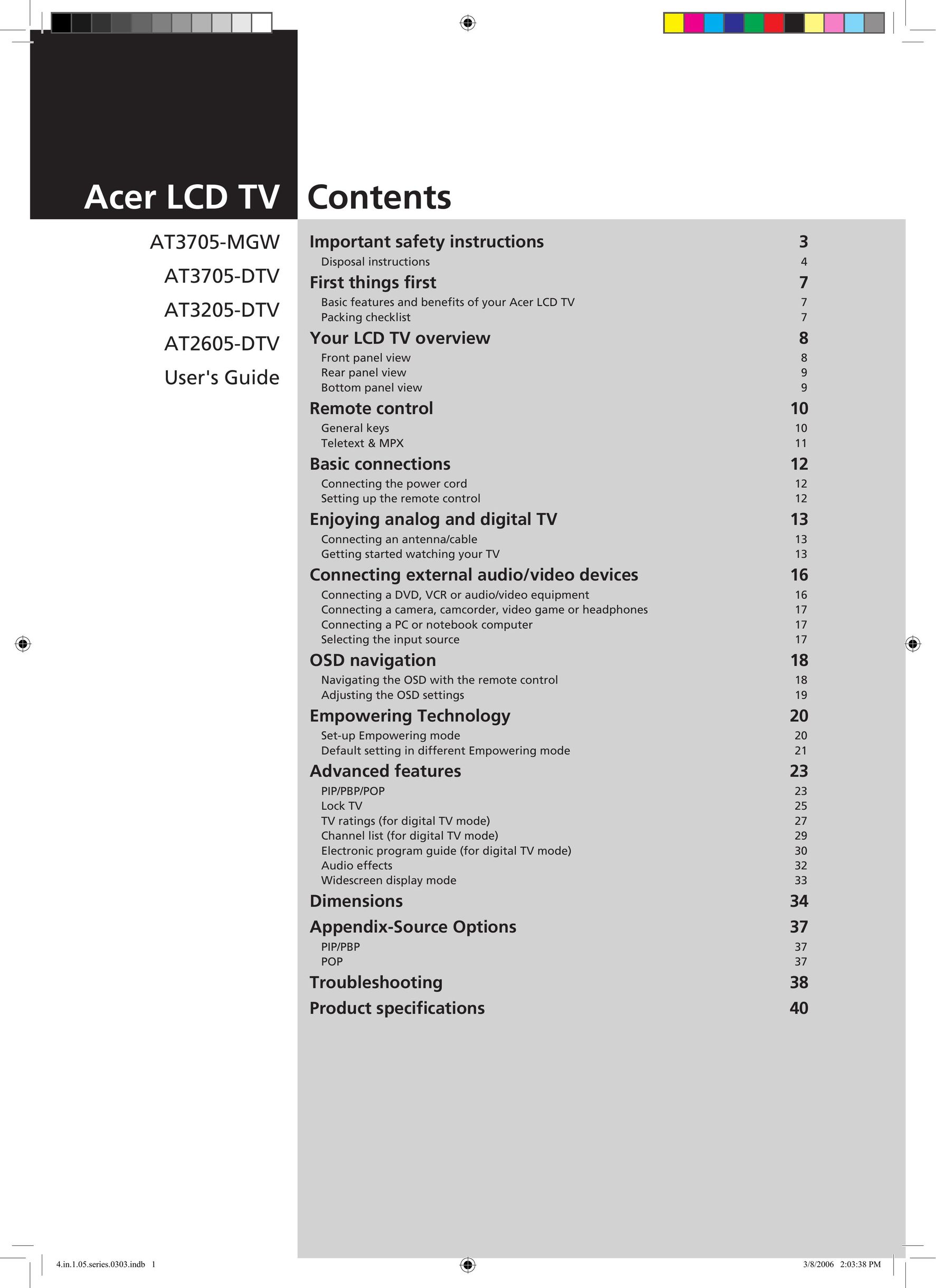 Acer AT3705-MGW Flat Panel Television User Manual