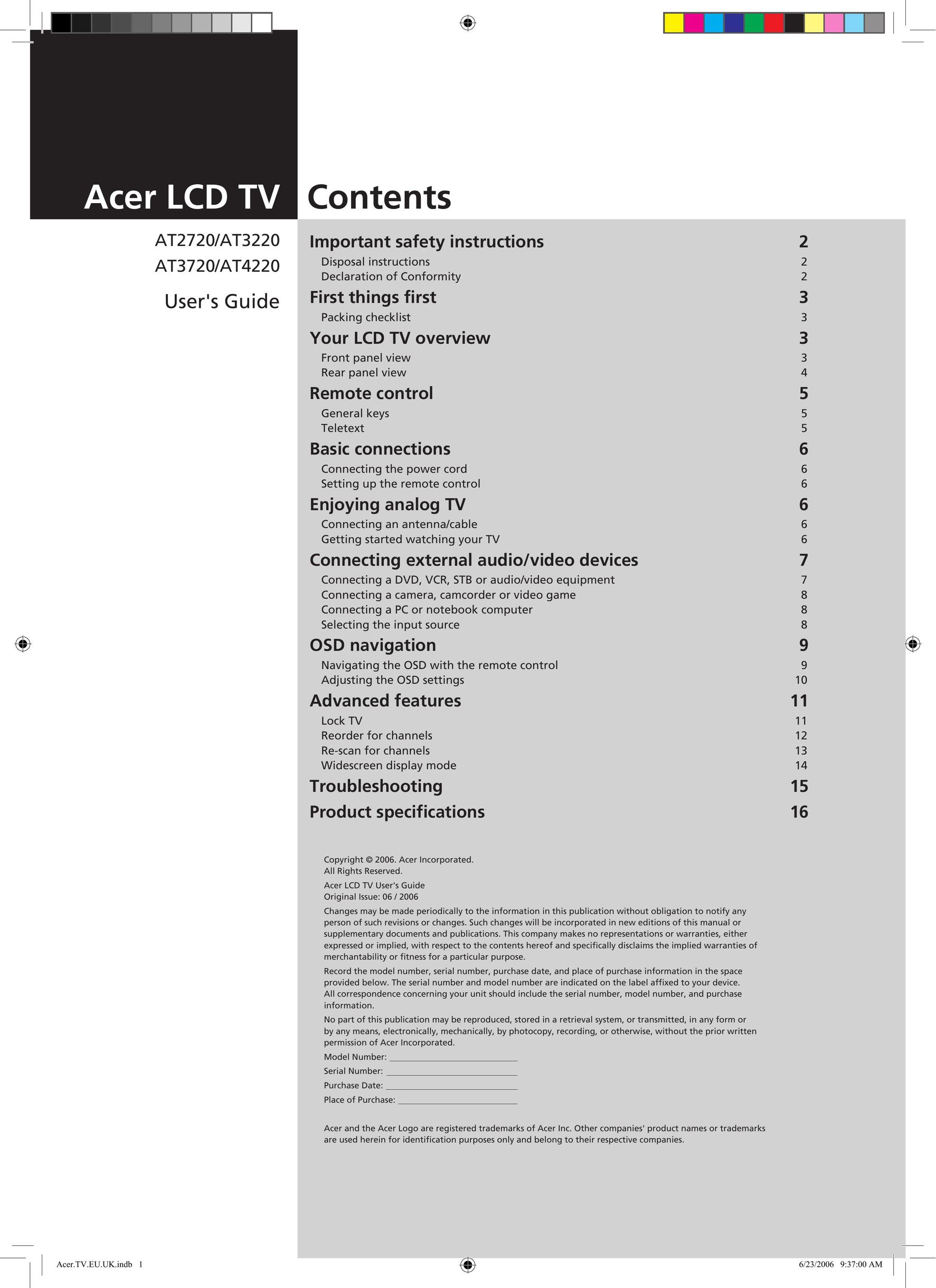 Acer AT3720, AT4220 Flat Panel Television User Manual