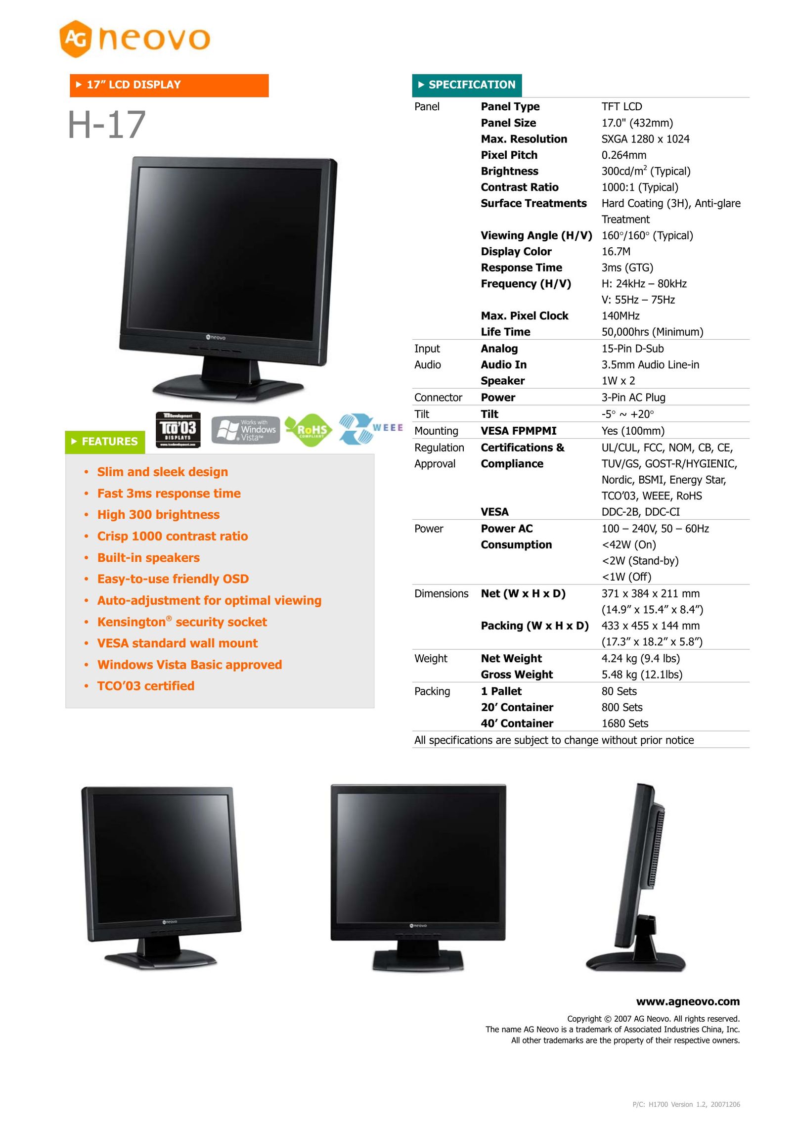 AG Neovo H-17 Flat Panel Television User Manual