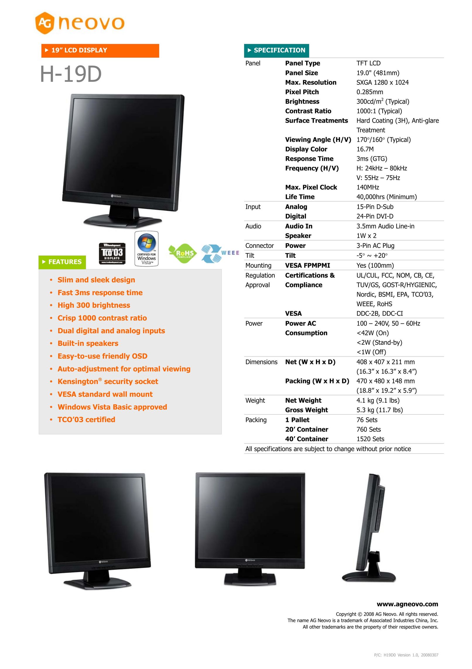 AG Neovo H-19 Flat Panel Television User Manual