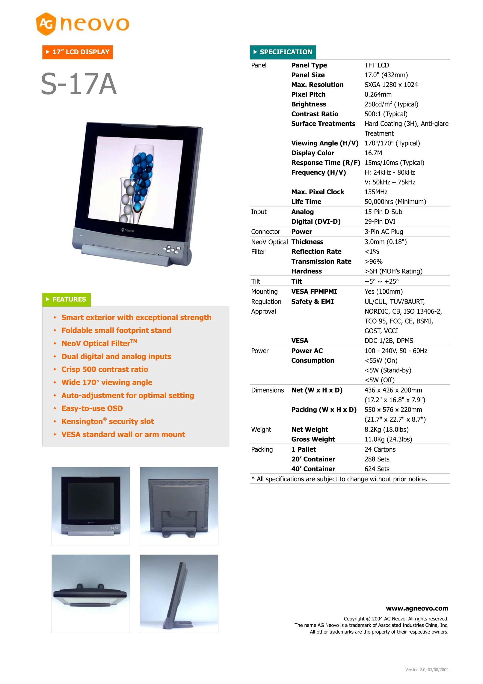 AG Neovo S-17A Flat Panel Television User Manual