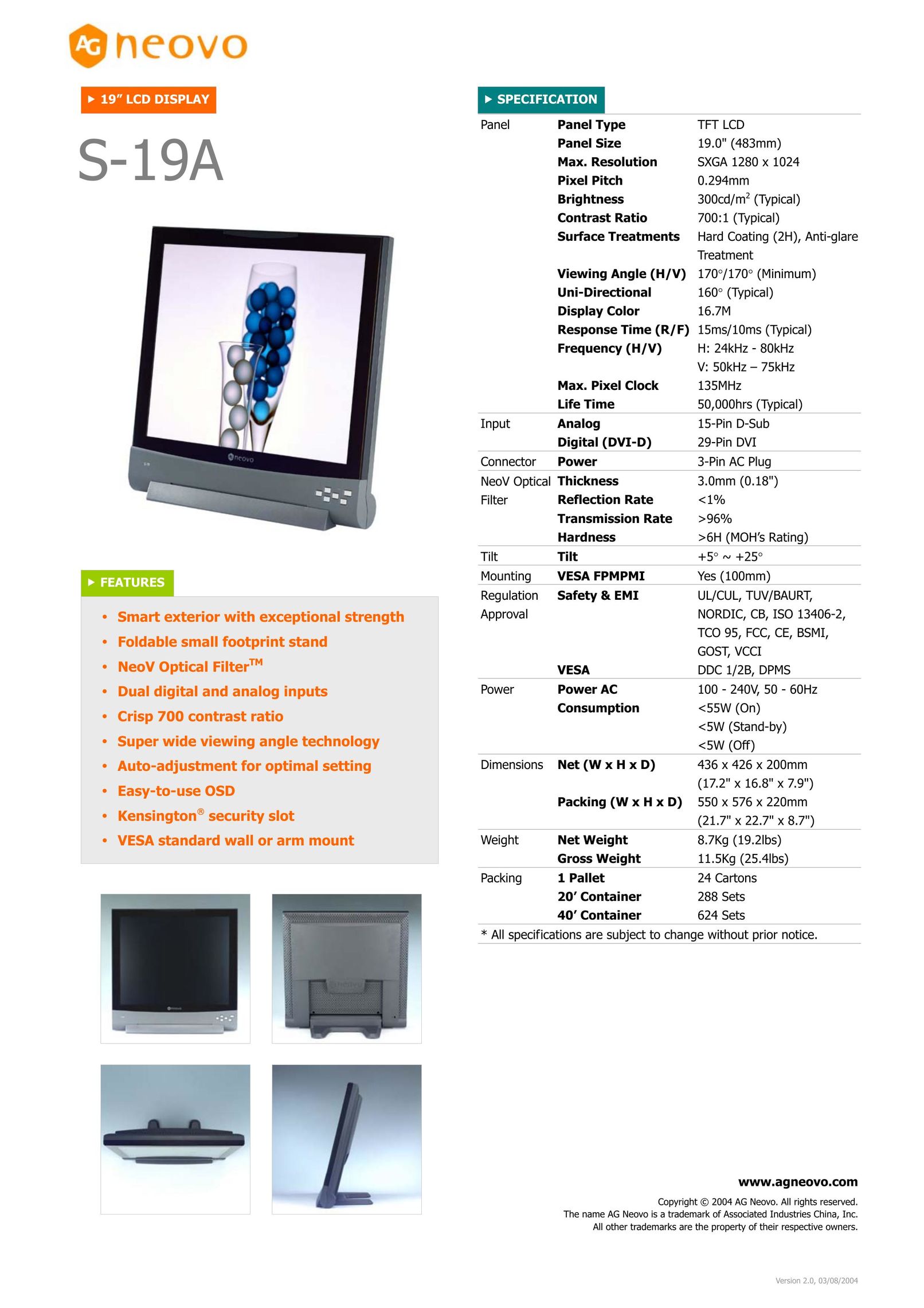 AG Neovo S-19A Flat Panel Television User Manual