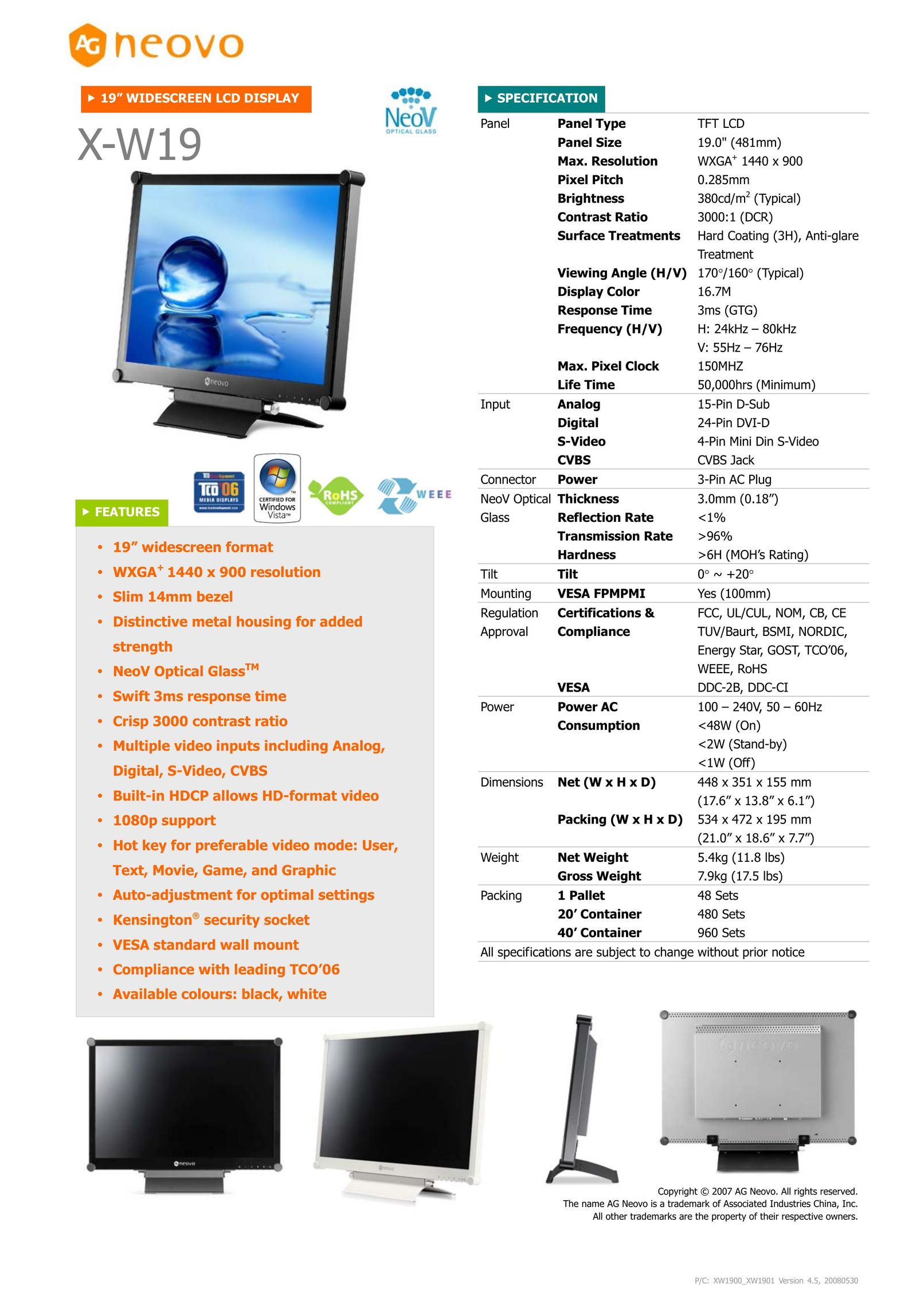 AG Neovo X-W19 Flat Panel Television User Manual
