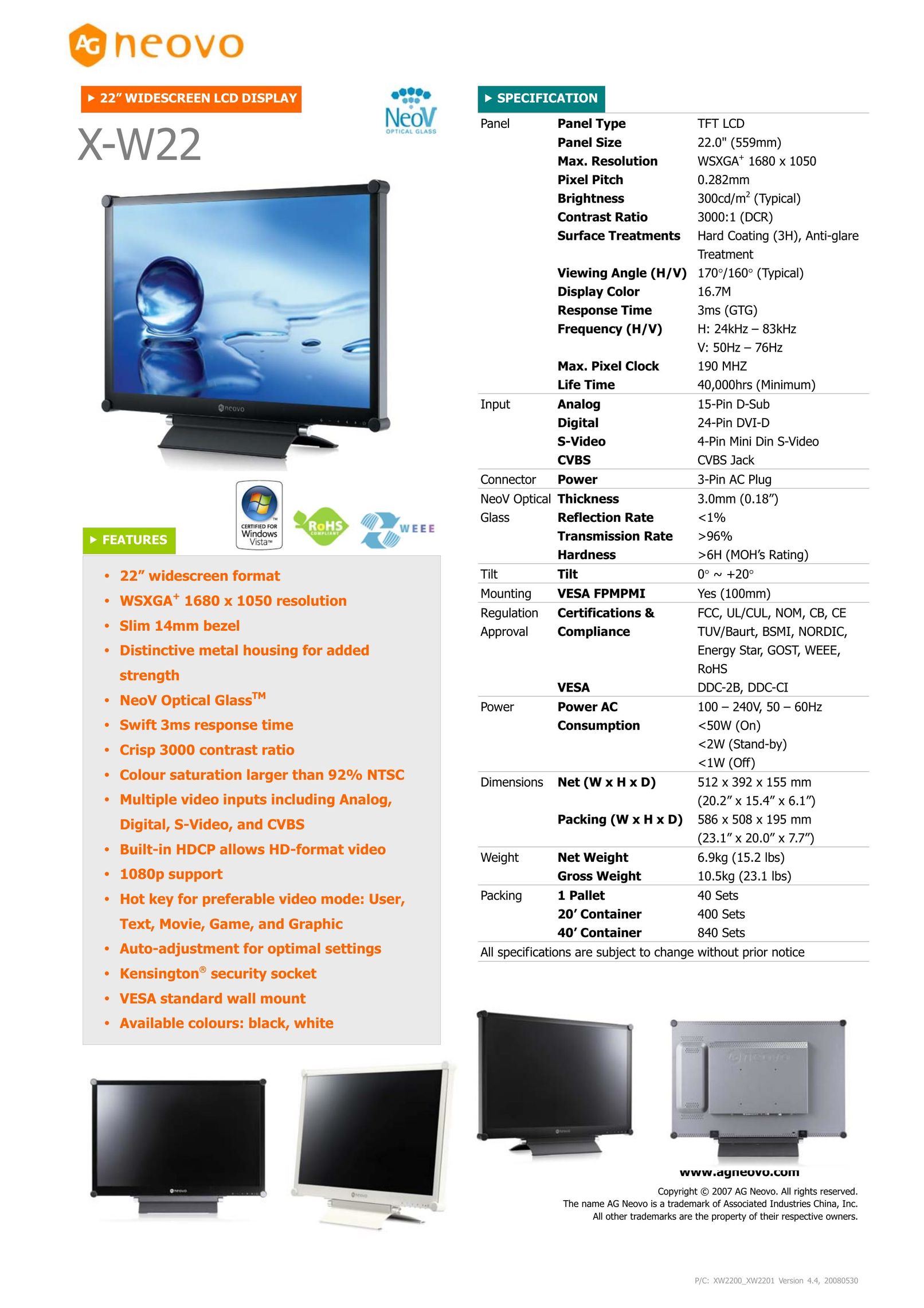 AG Neovo X-W22 Flat Panel Television User Manual