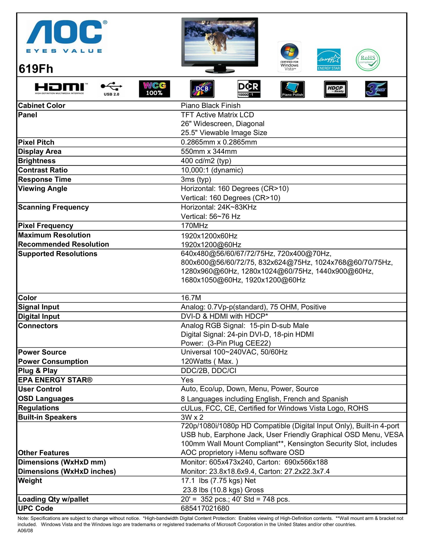 AOC 619Fh Flat Panel Television User Manual