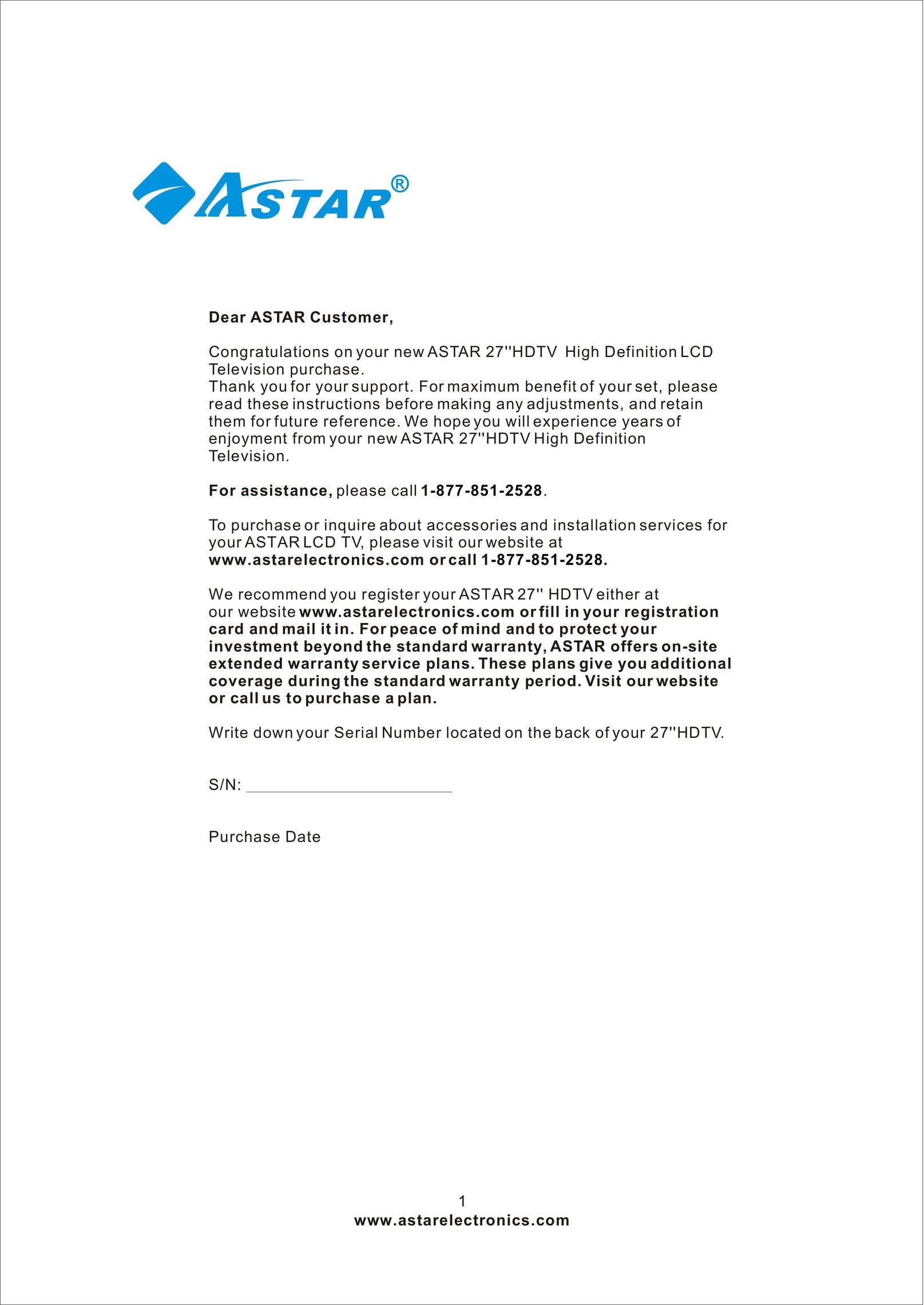 Astar electronic LTV-27HBG Flat Panel Television User Manual