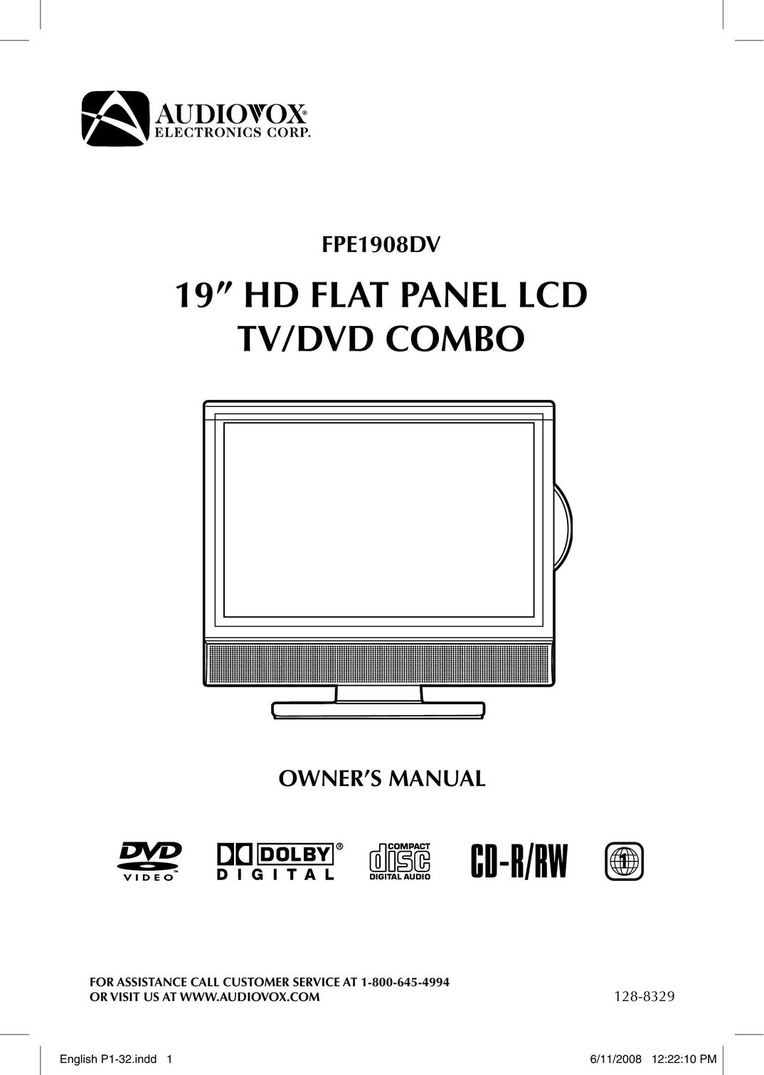 Audiovox FPE-1908DV Flat Panel Television User Manual