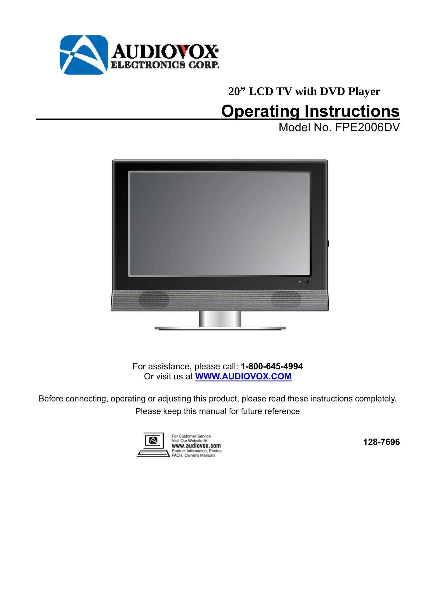 Audiovox FPE2006DV Flat Panel Television User Manual