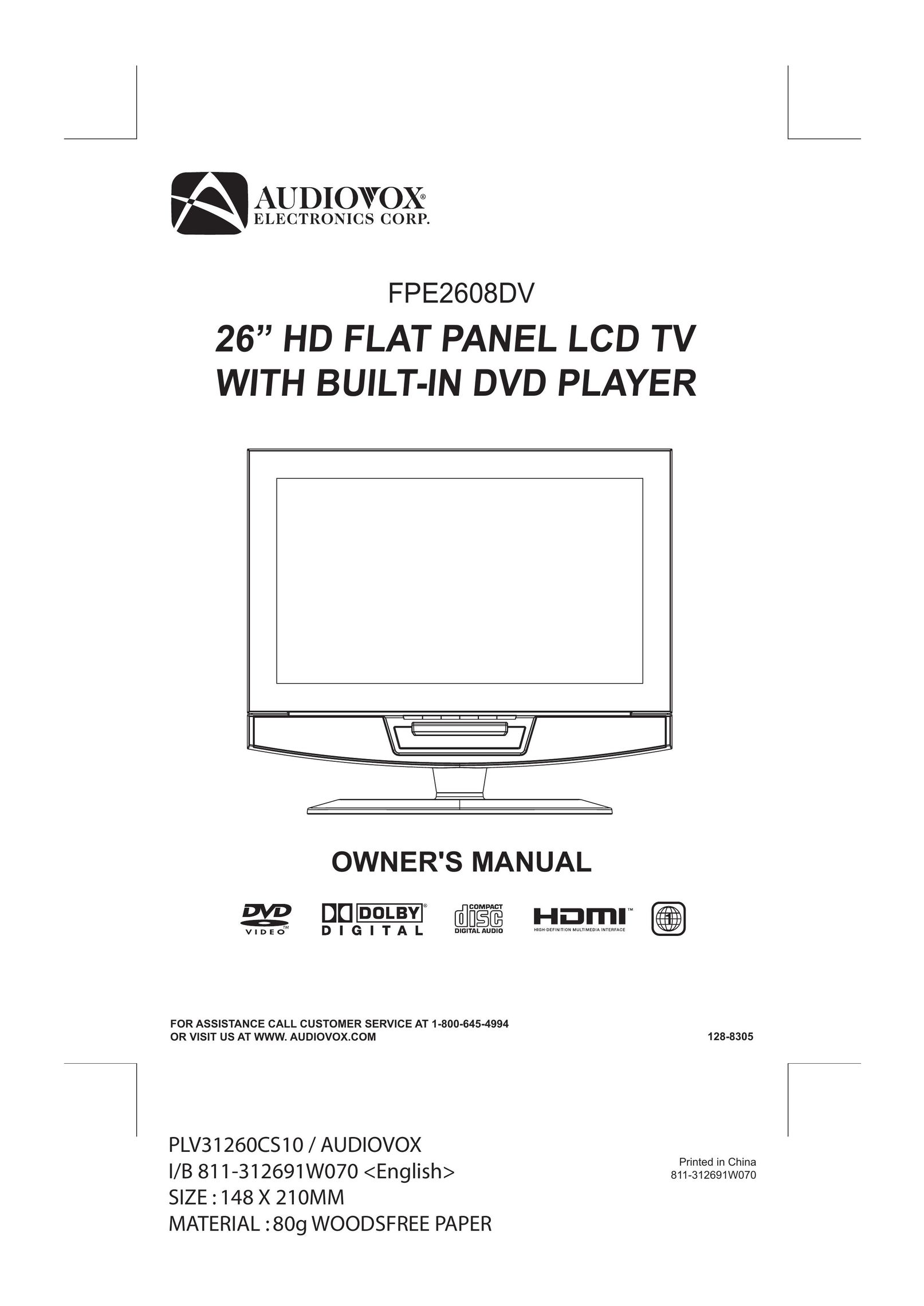 Audiovox FPE2608DV Flat Panel Television User Manual