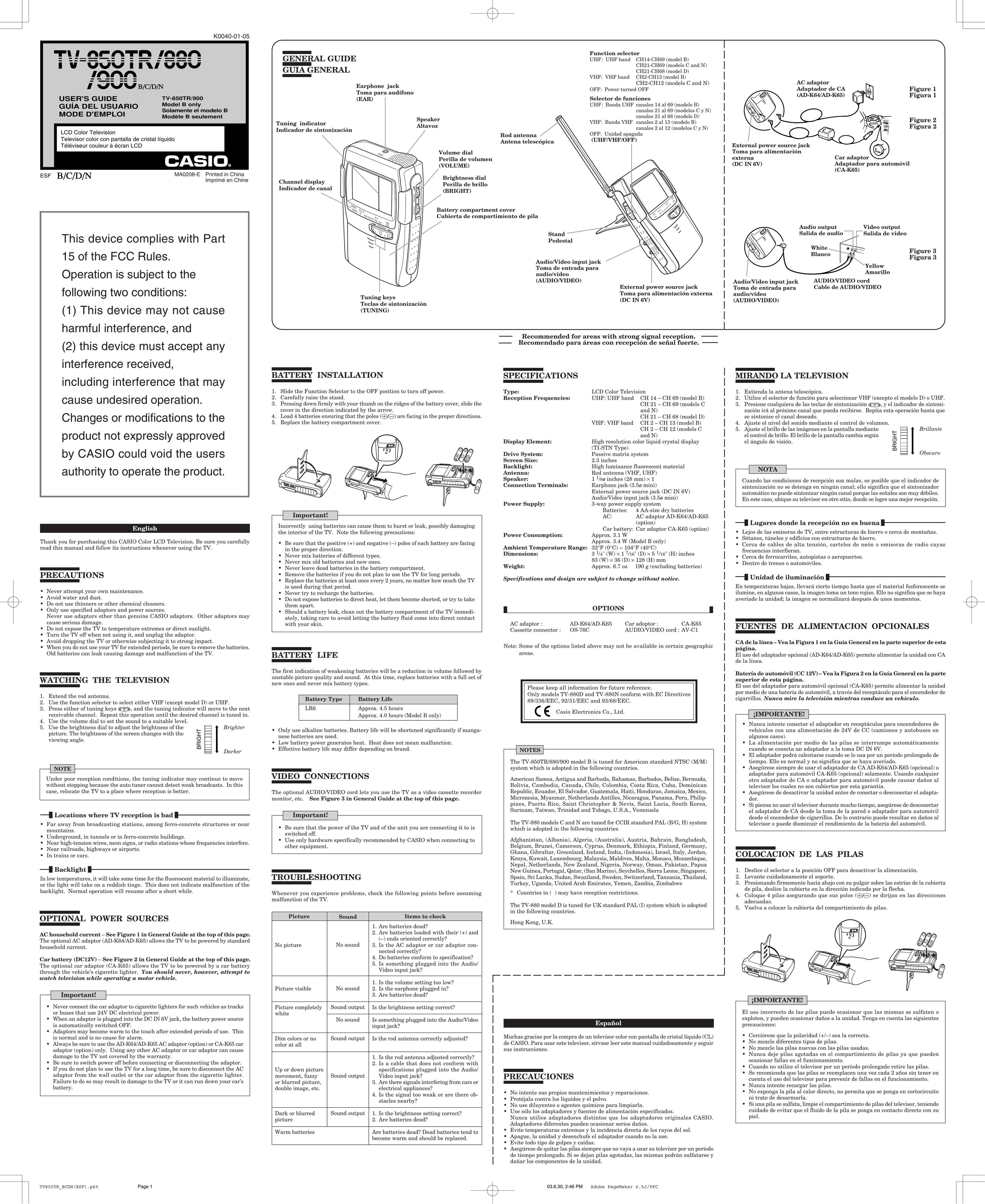 Casio 850TR/900 Flat Panel Television User Manual