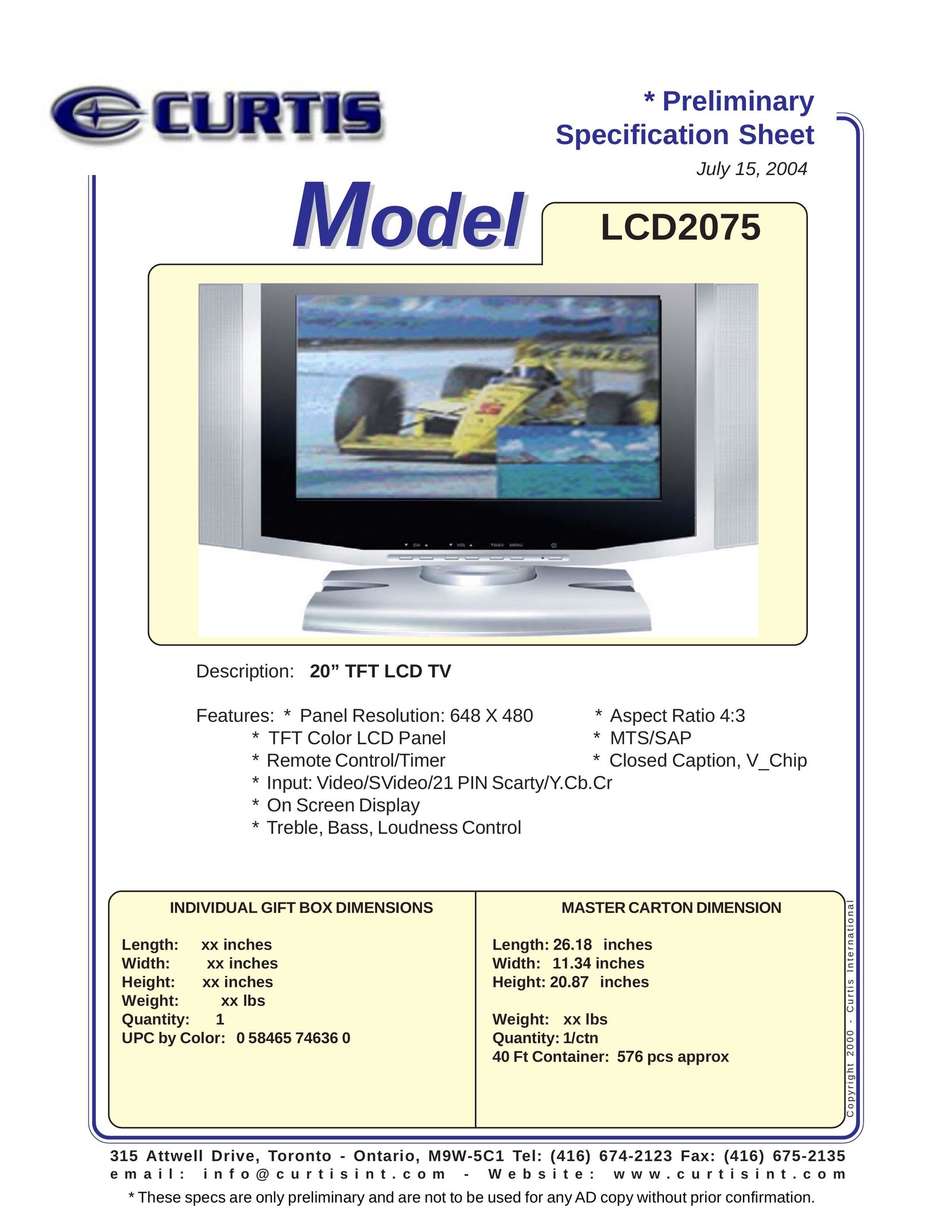 Curtis LCD2075 Flat Panel Television User Manual