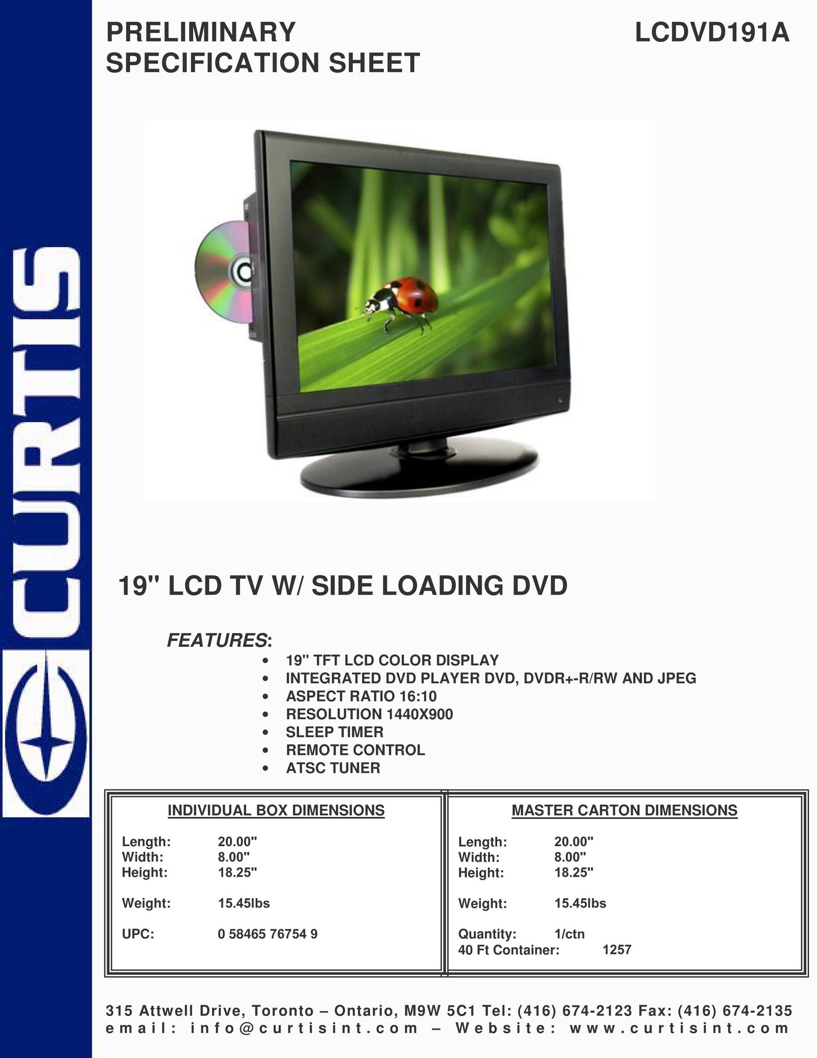 Curtis LCDVD191A Flat Panel Television User Manual