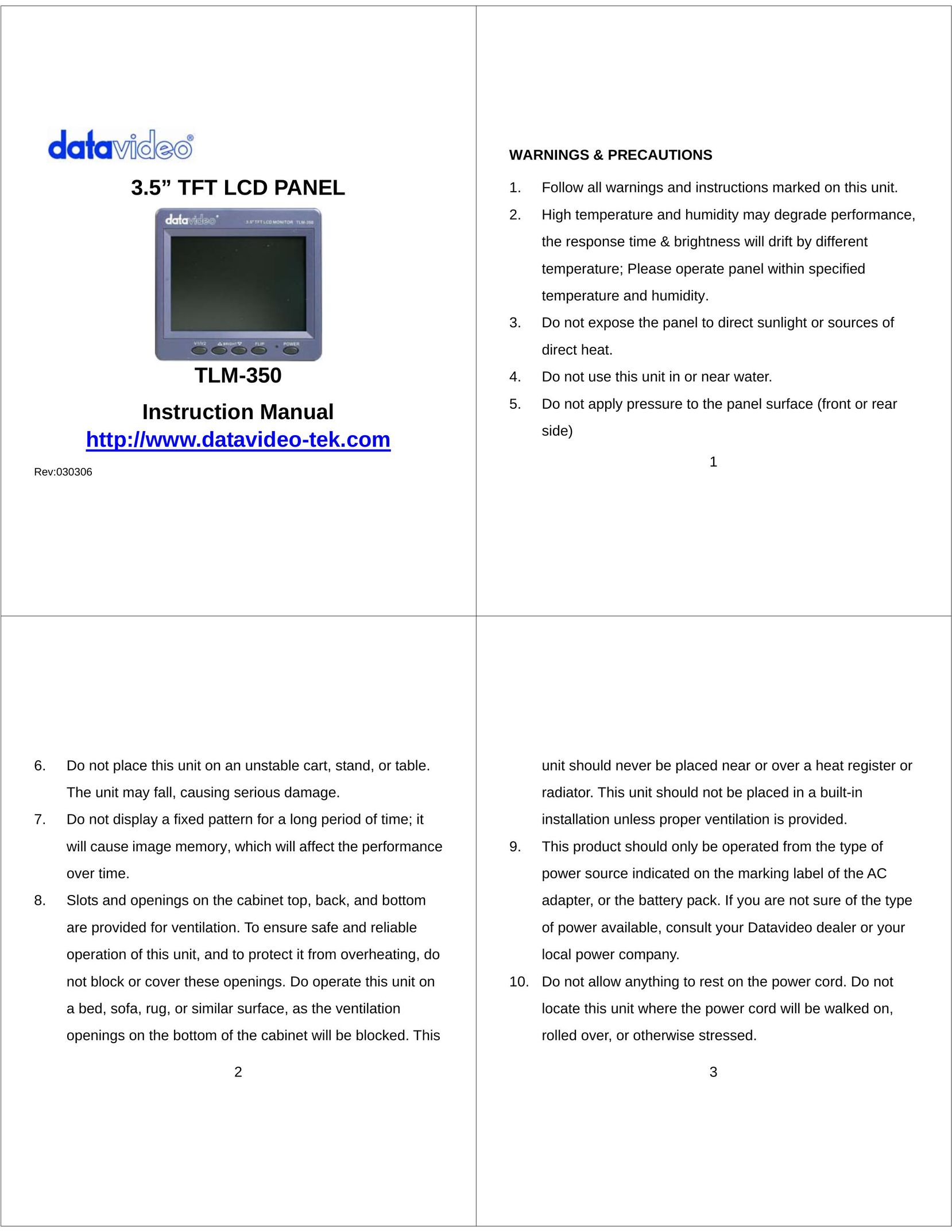 Datavideo TLM-350 Flat Panel Television User Manual