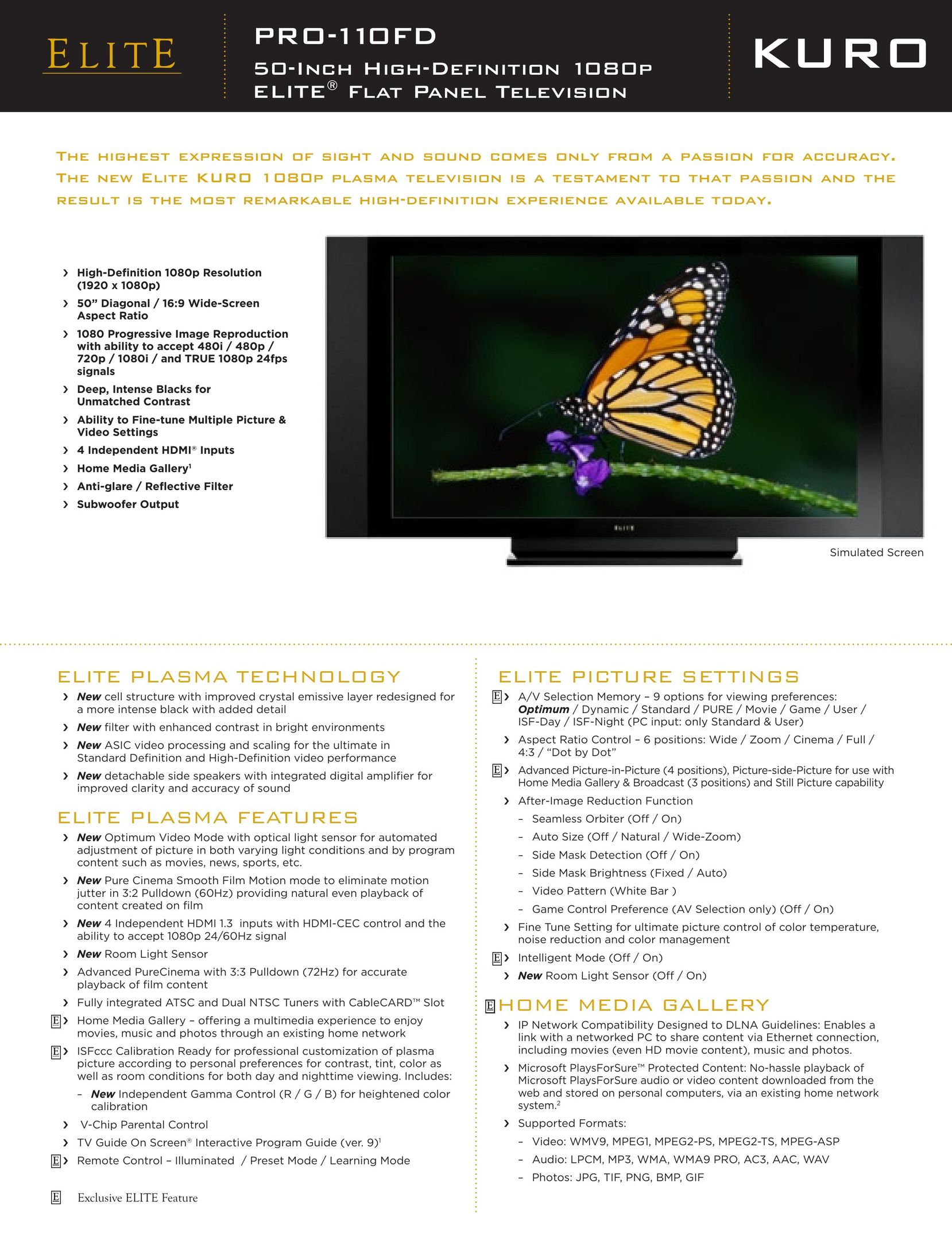 Elite PRO-110FD Flat Panel Television User Manual
