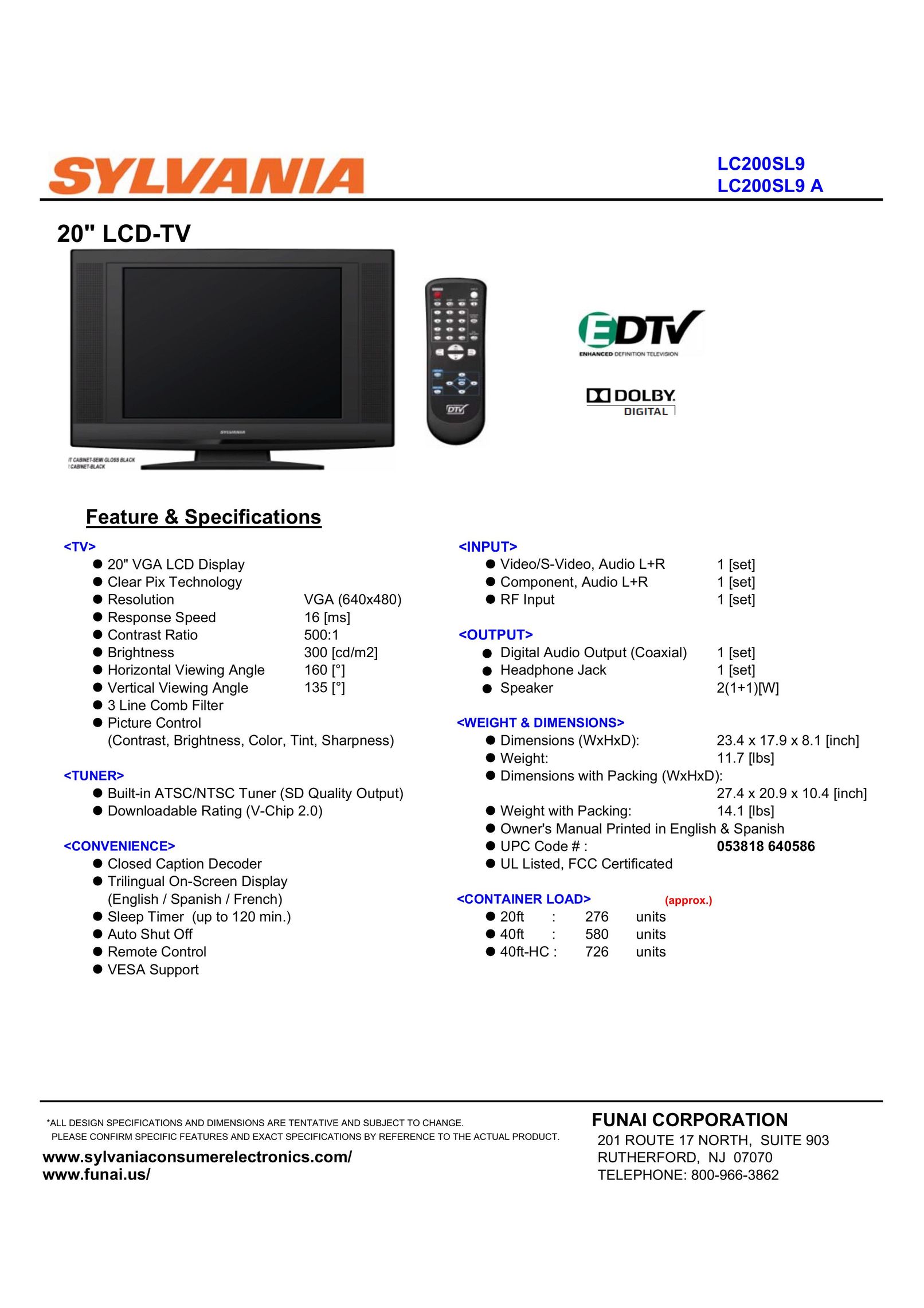 FUNAI LC200SL9 A Flat Panel Television User Manual