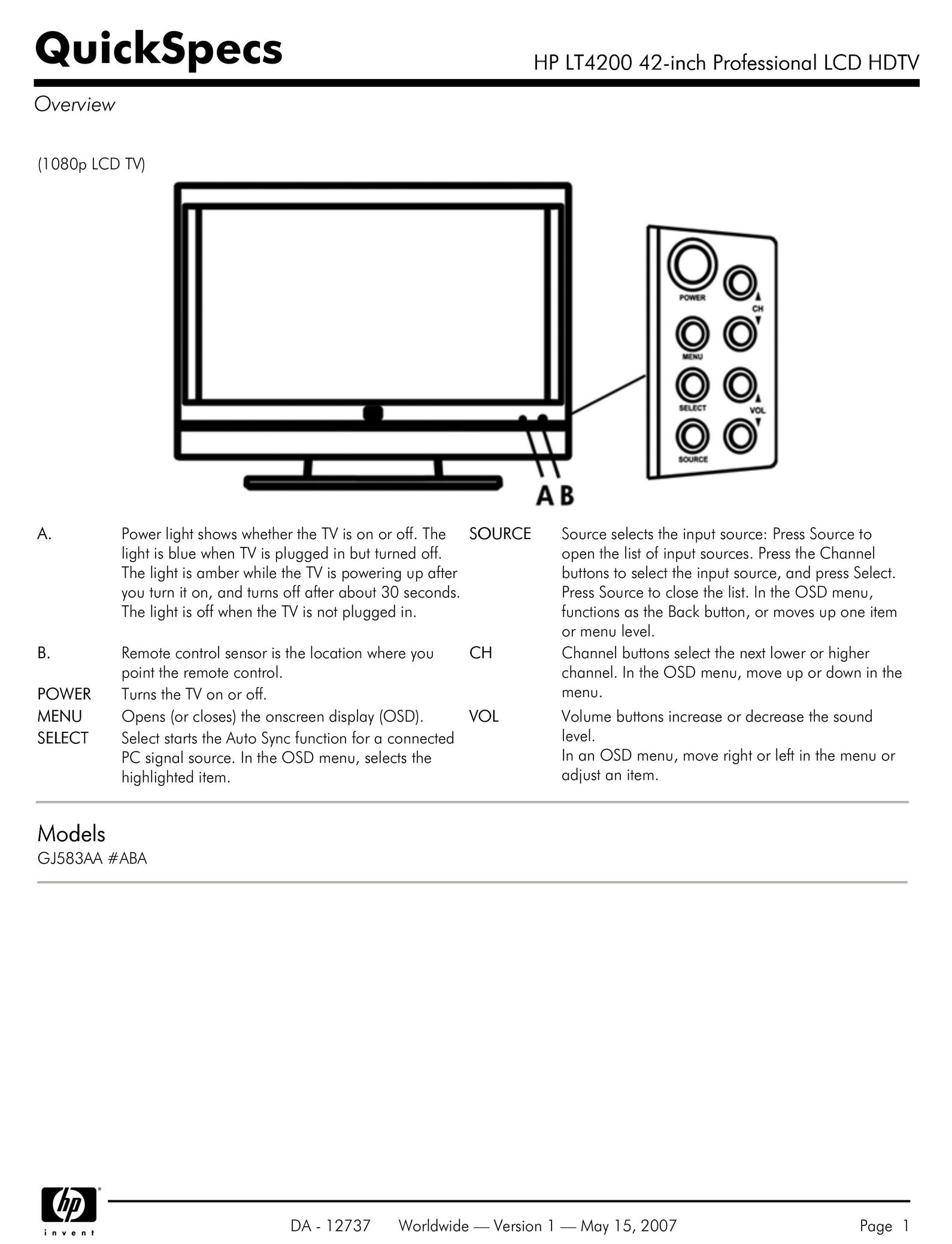 HP (Hewlett-Packard) LT4200 Flat Panel Television User Manual