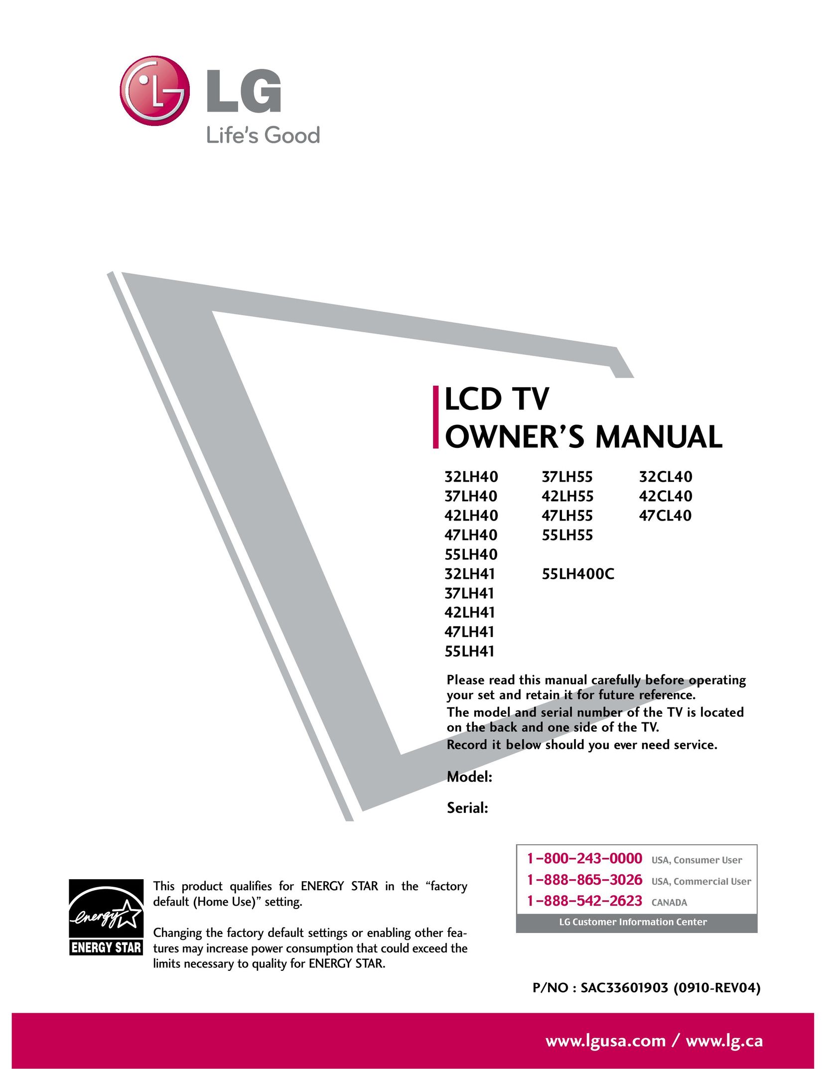 LG Electronics 0910-REV04 Flat Panel Television User Manual