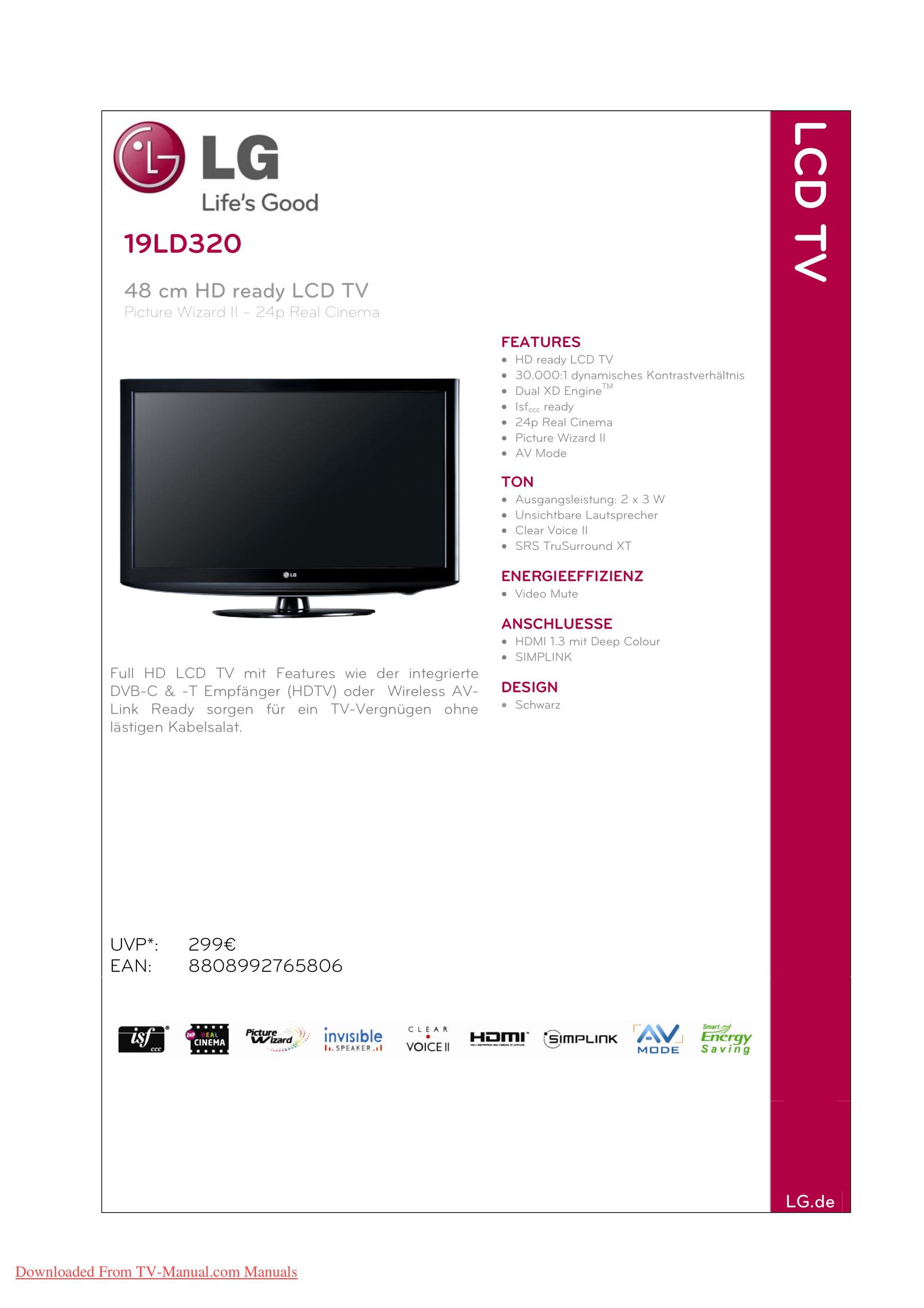 LG Electronics 19LD320 Flat Panel Television User Manual