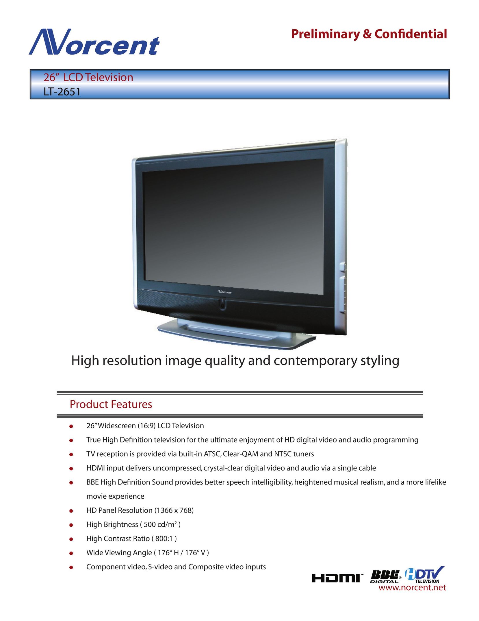 Norcent Technologies LT-2651 Flat Panel Television User Manual