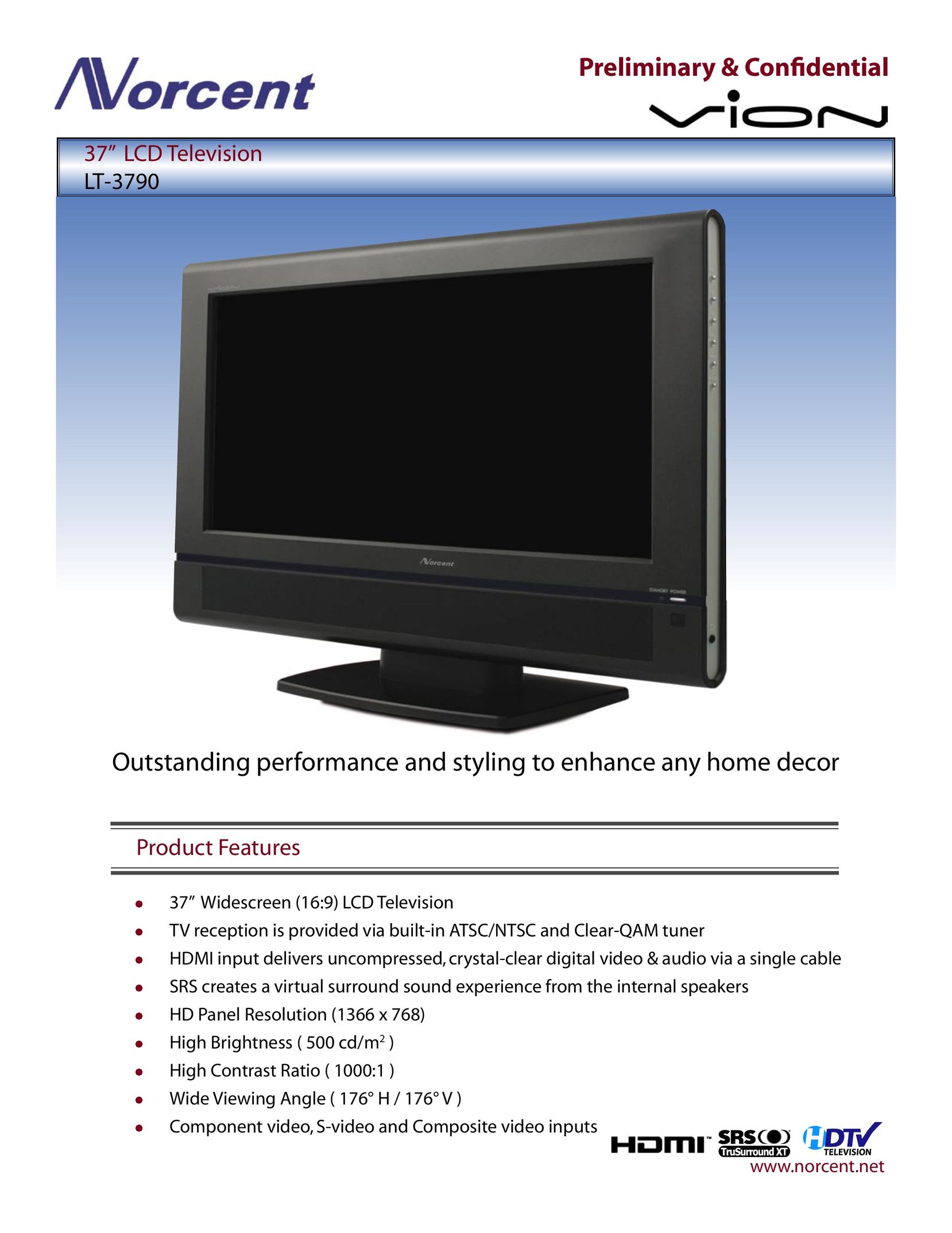 Norcent Technologies LT-3790 Flat Panel Television User Manual