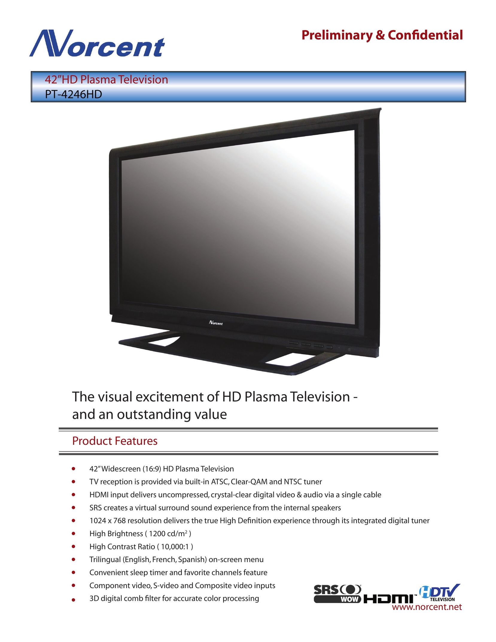 Norcent Technologies PT-4246HD Flat Panel Television User Manual