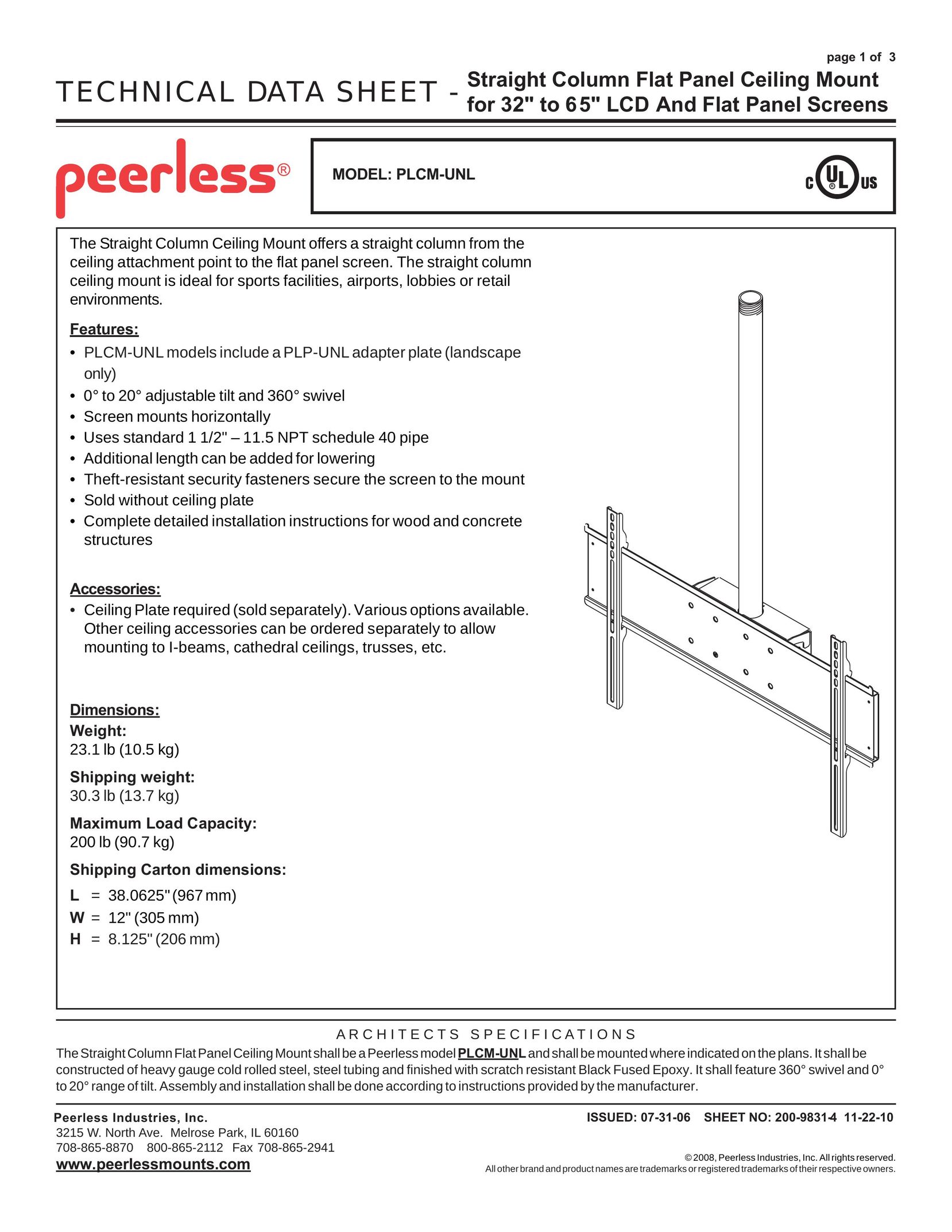 Peerless Industries PLCM-UNL Flat Panel Television User Manual
