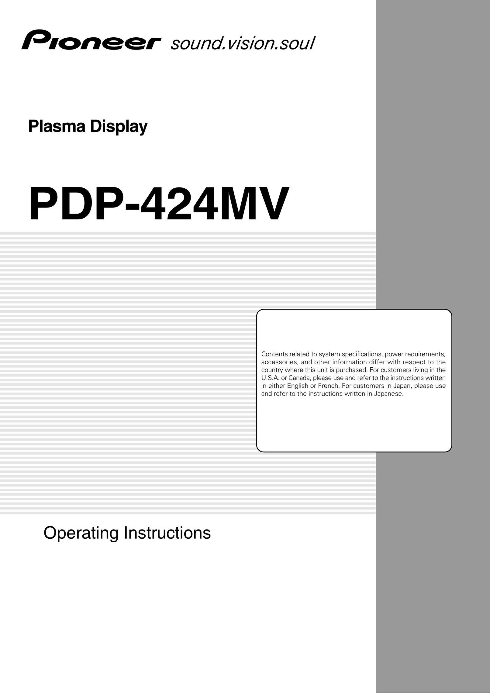 Pioneer PDP 424MV Flat Panel Television User Manual