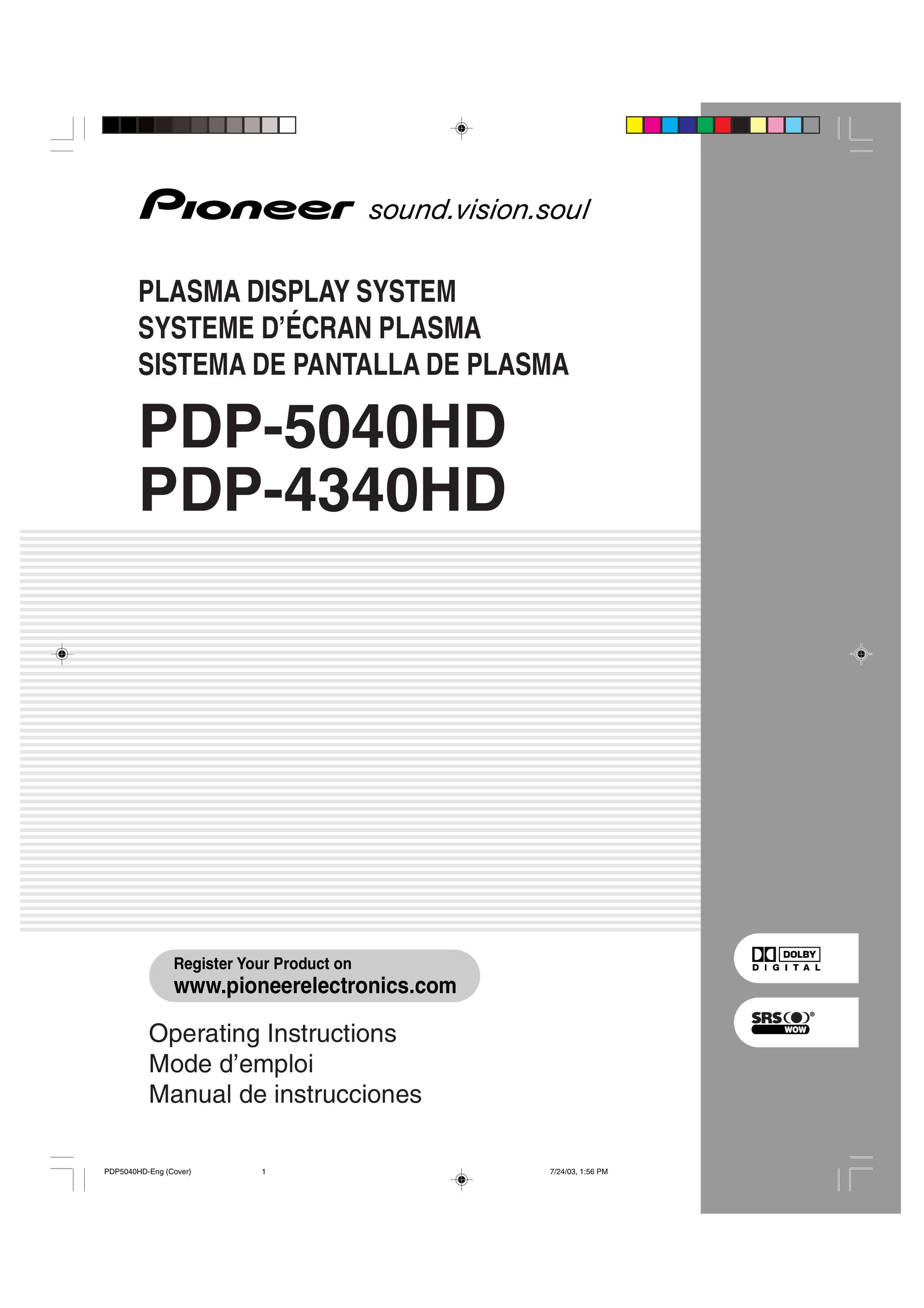 Pioneer PDP 4340HD Flat Panel Television User Manual