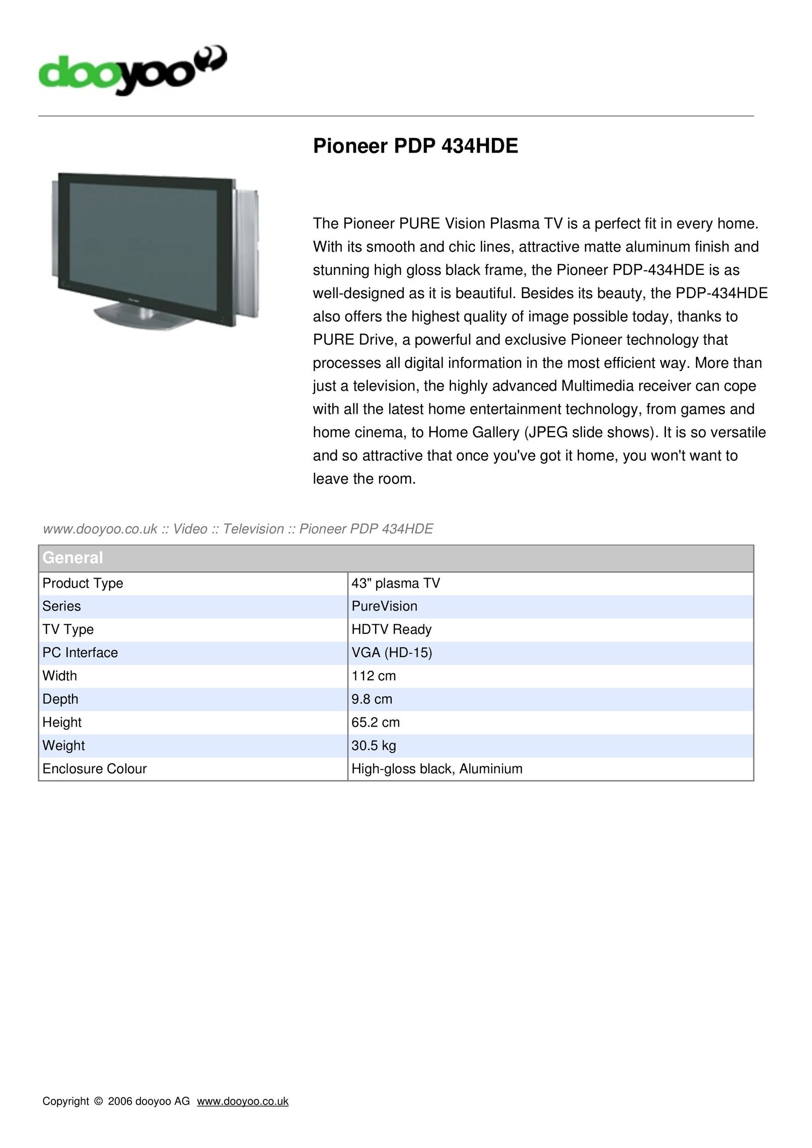 Pioneer PDP 434HDE Flat Panel Television User Manual