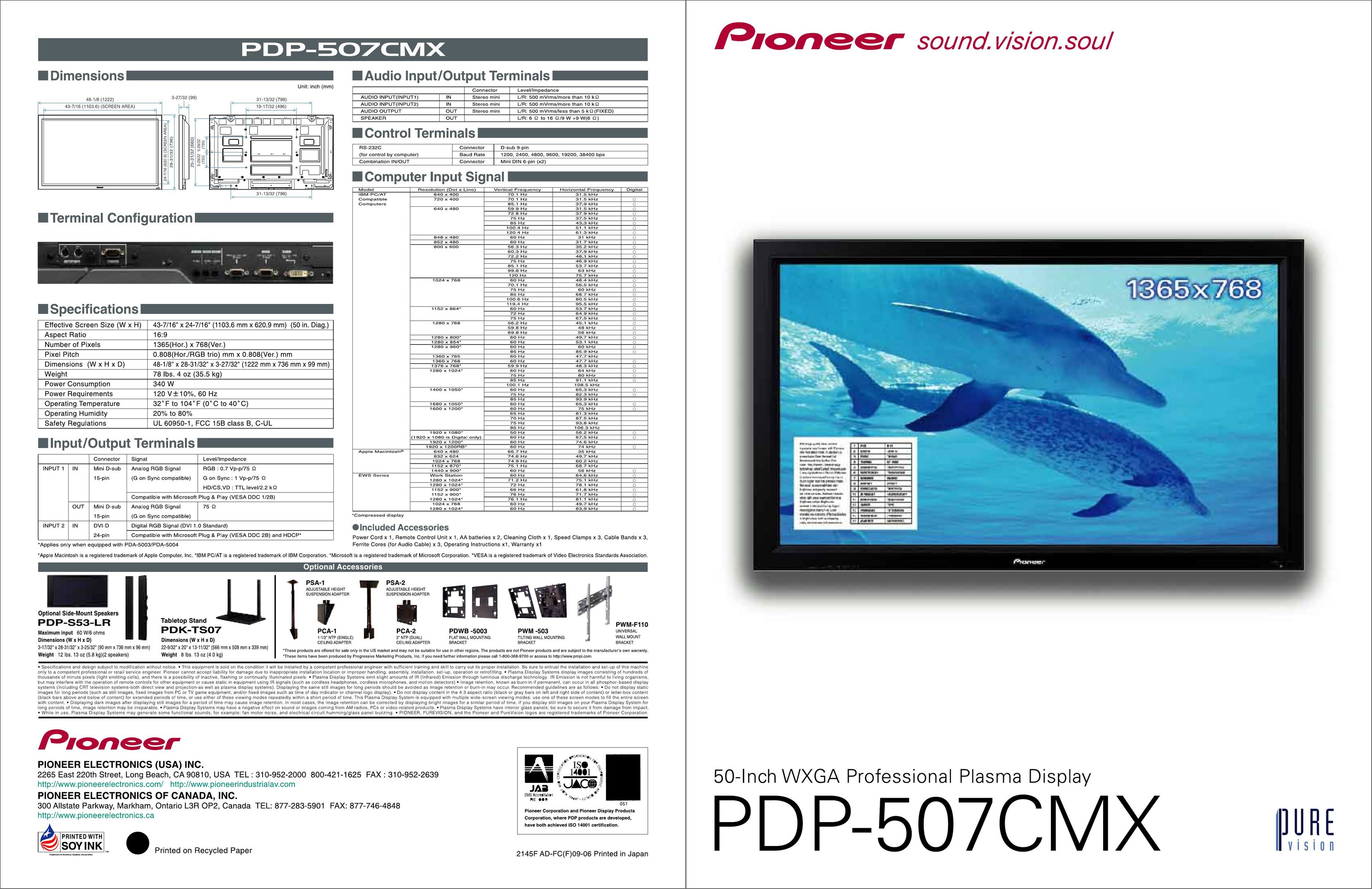 Pioneer PDP 507CMX Flat Panel Television User Manual