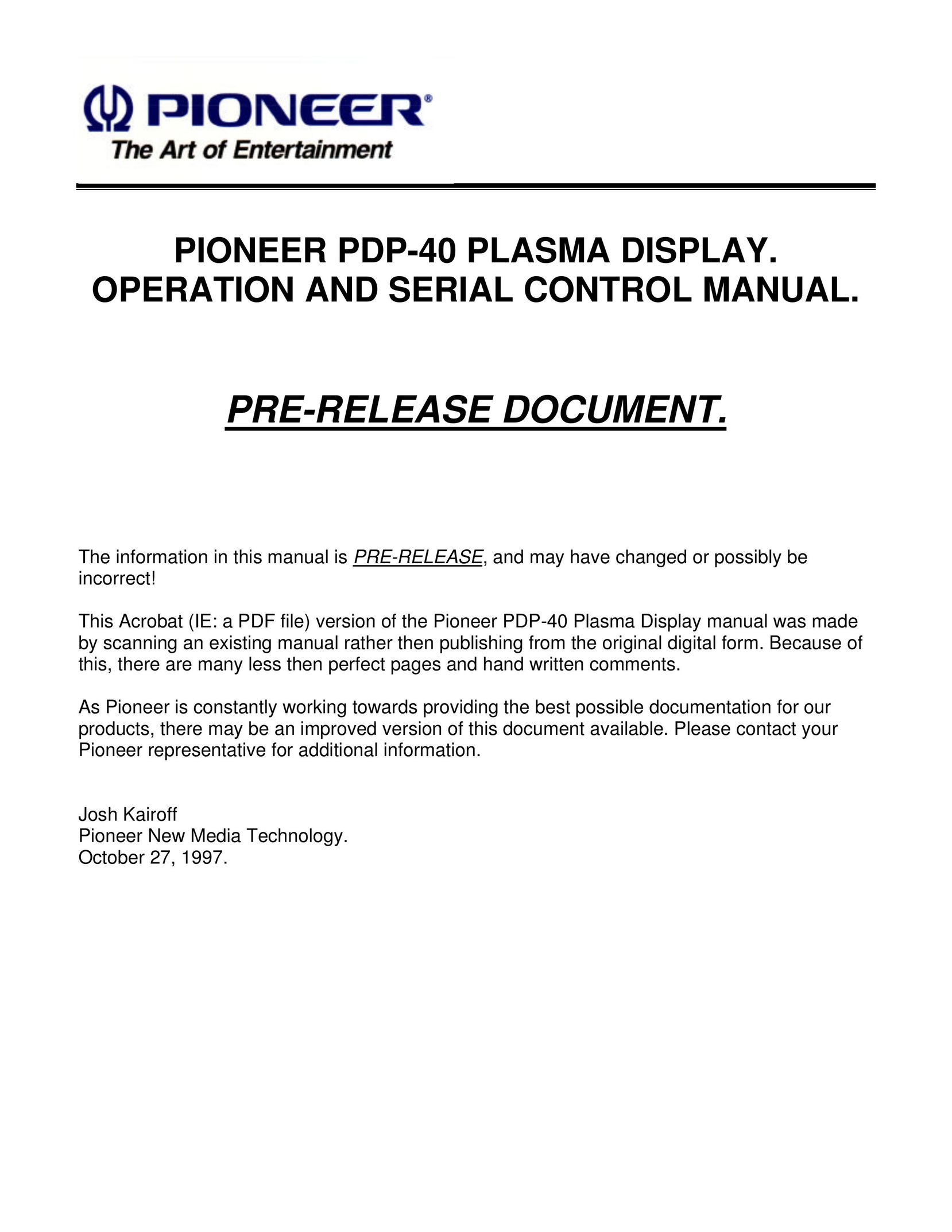 Pioneer PDP-40 Flat Panel Television User Manual