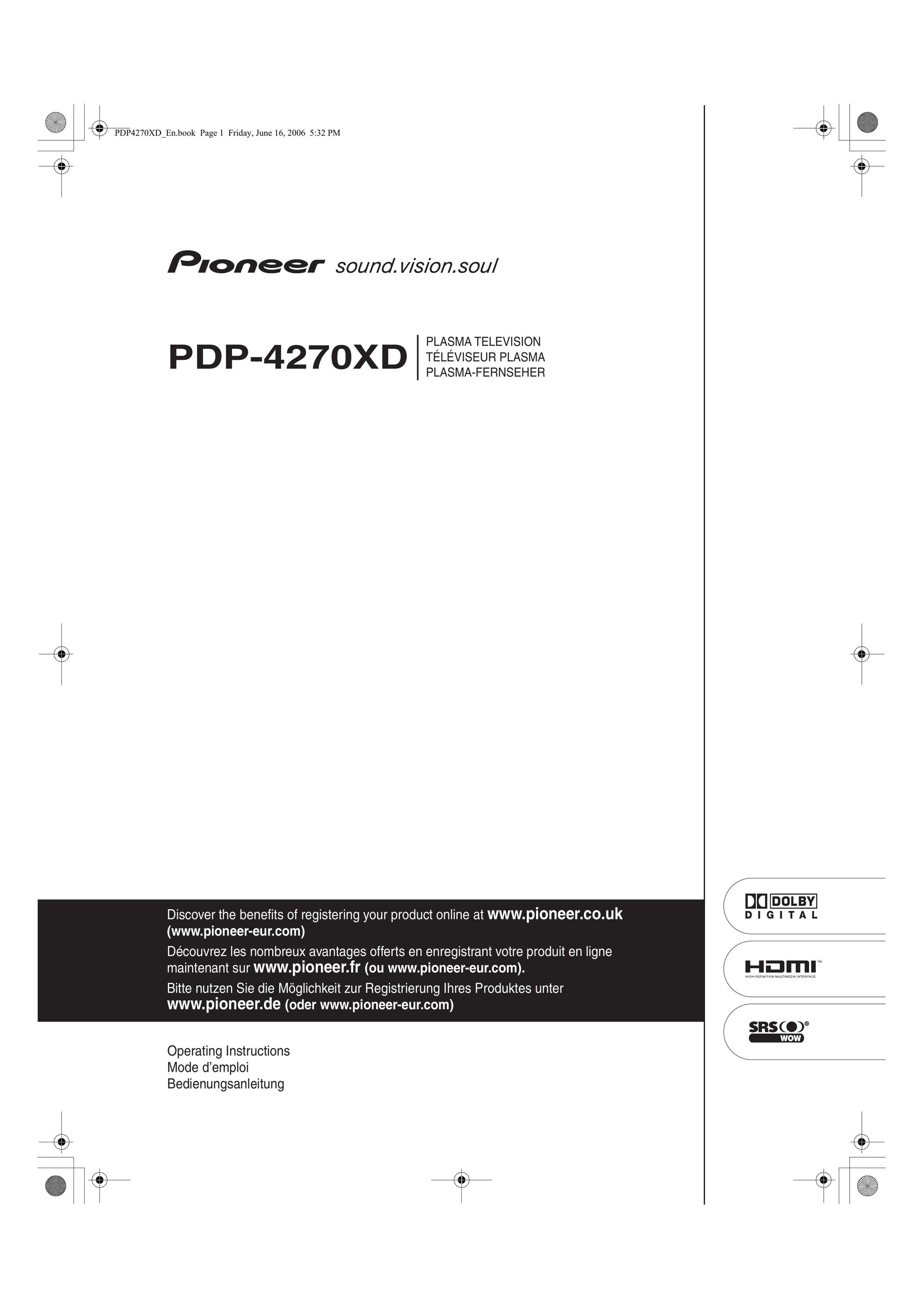 Pioneer PDP-4270XD Flat Panel Television User Manual