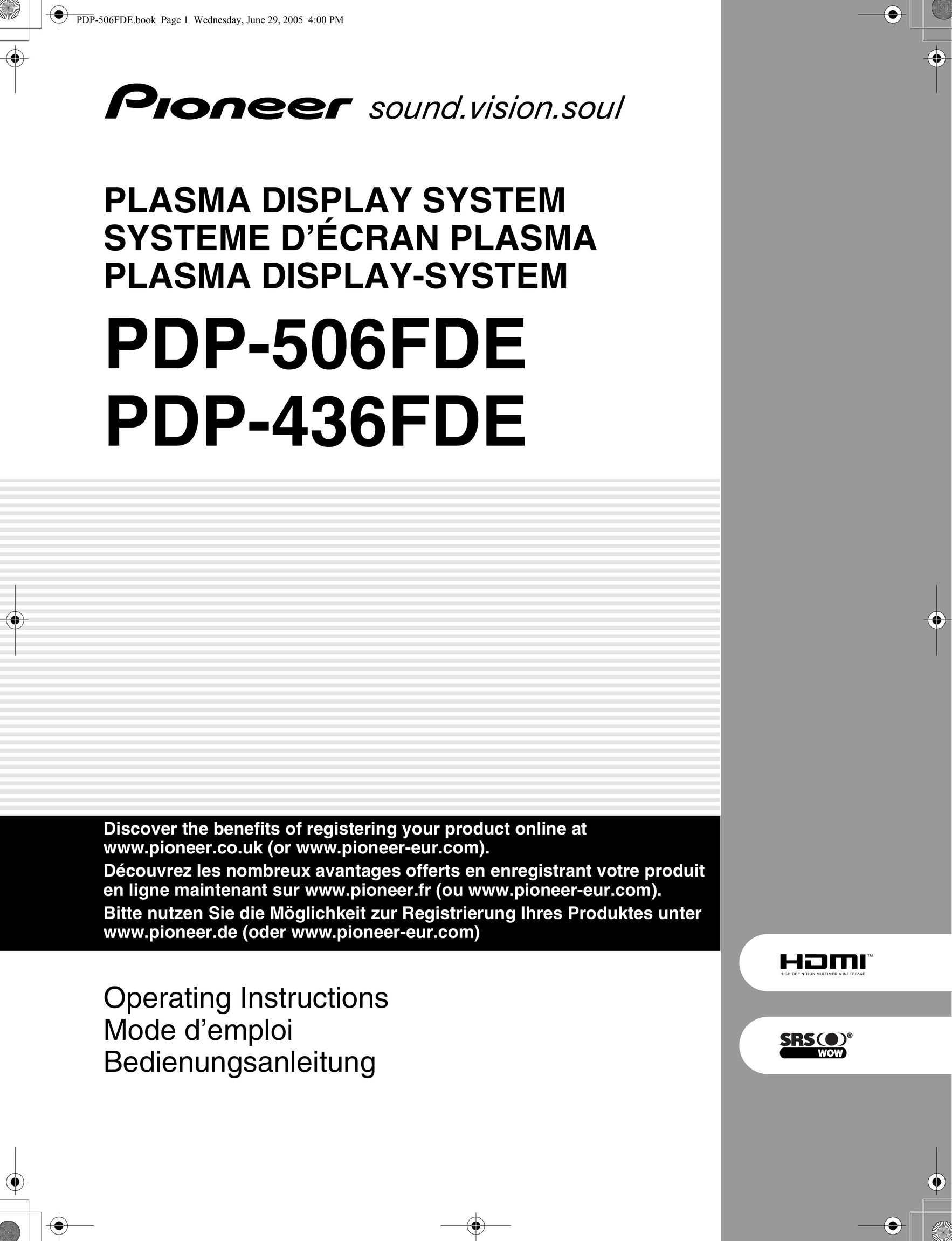 Pioneer PDP-436FDE Flat Panel Television User Manual
