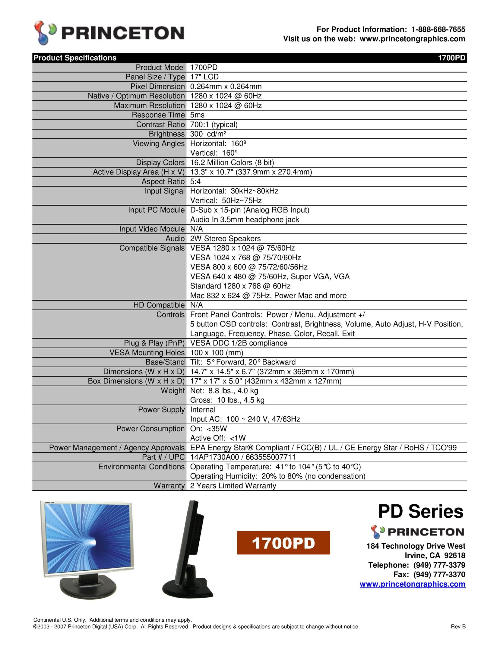 Princeton 1700PD Flat Panel Television User Manual