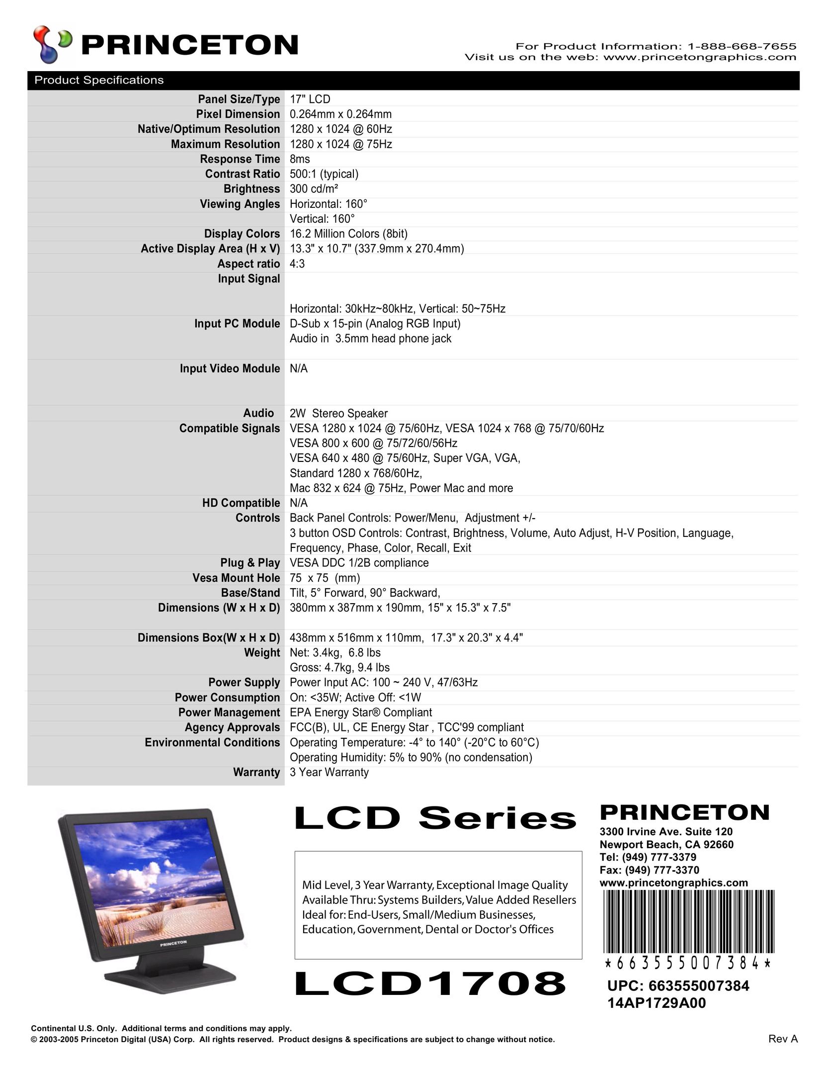 Princeton LCD 1708 Flat Panel Television User Manual