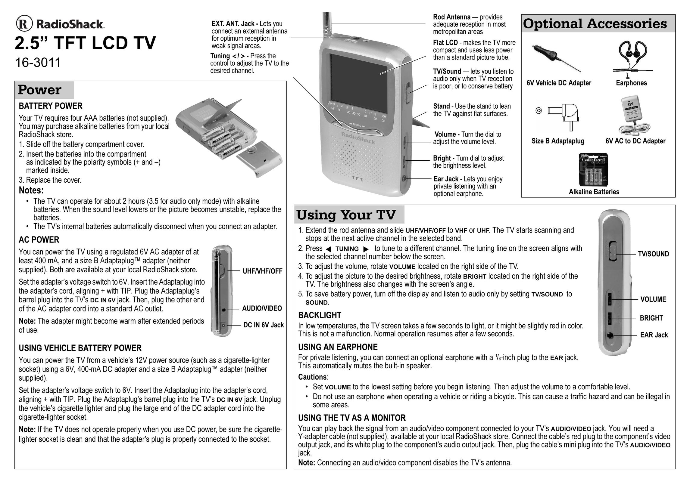 Radio Shack 16-3011 Flat Panel Television User Manual