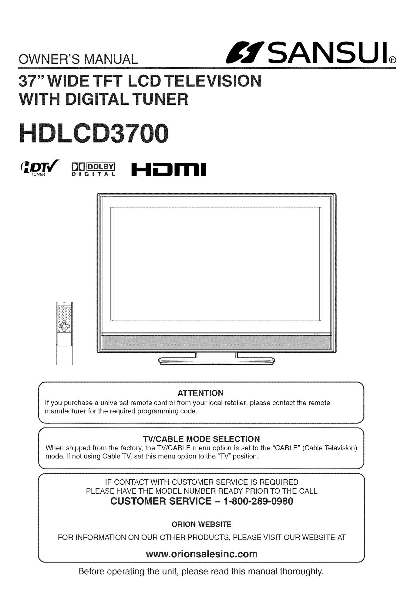 Sansui HDLCD-3700 Flat Panel Television User Manual