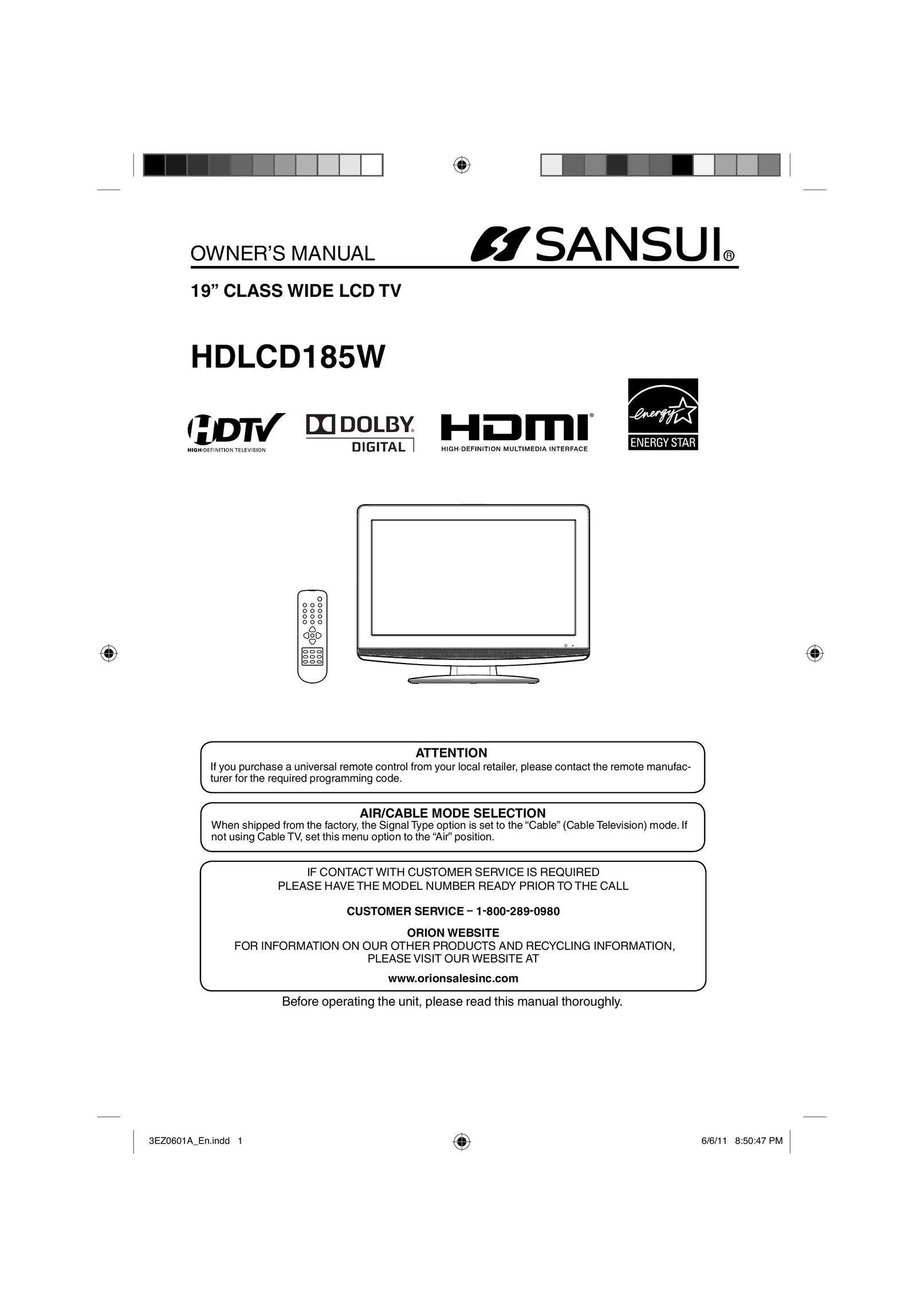 Sansui HDLCD185W Flat Panel Television User Manual