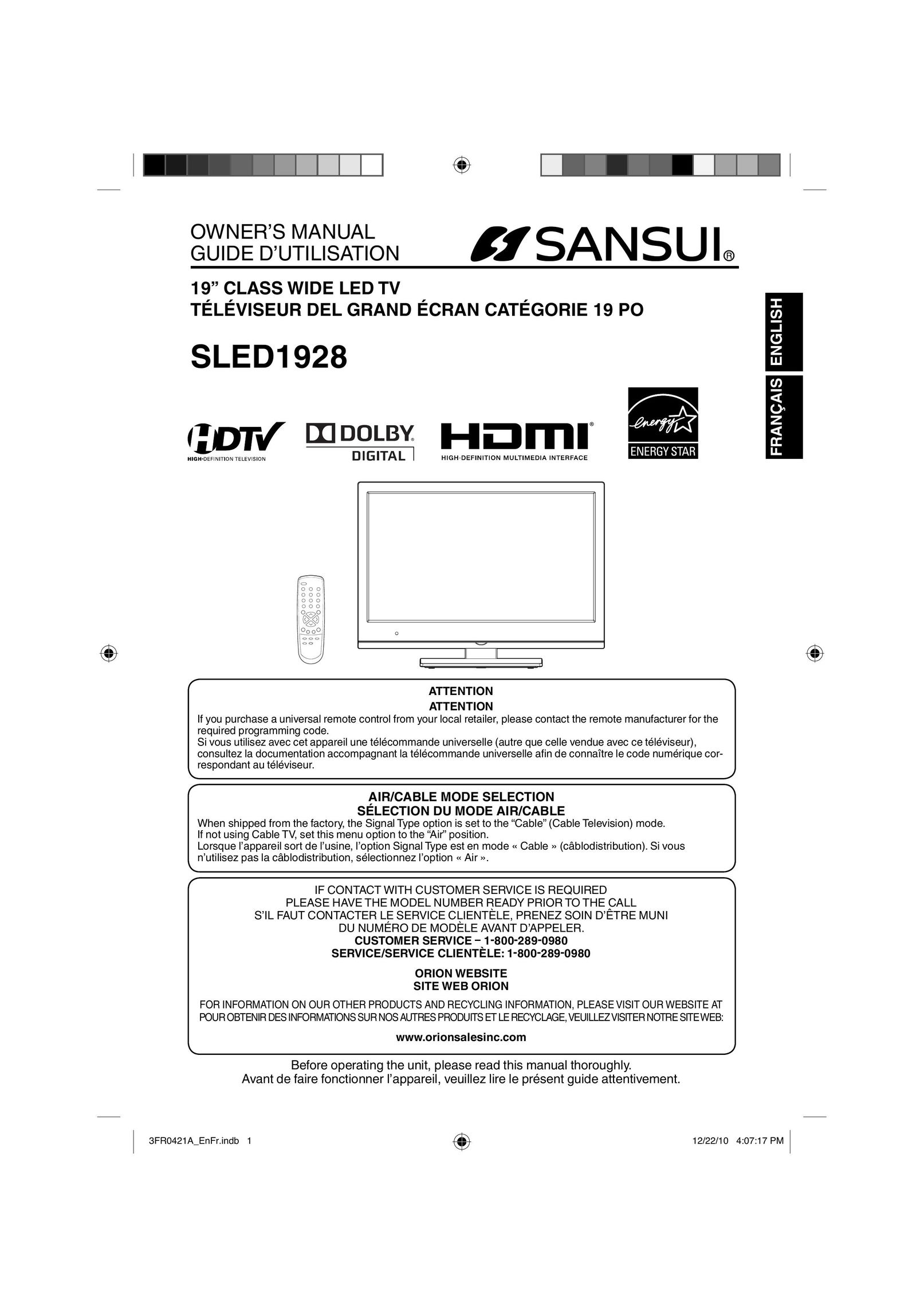 Sansui SLED1928 Flat Panel Television User Manual