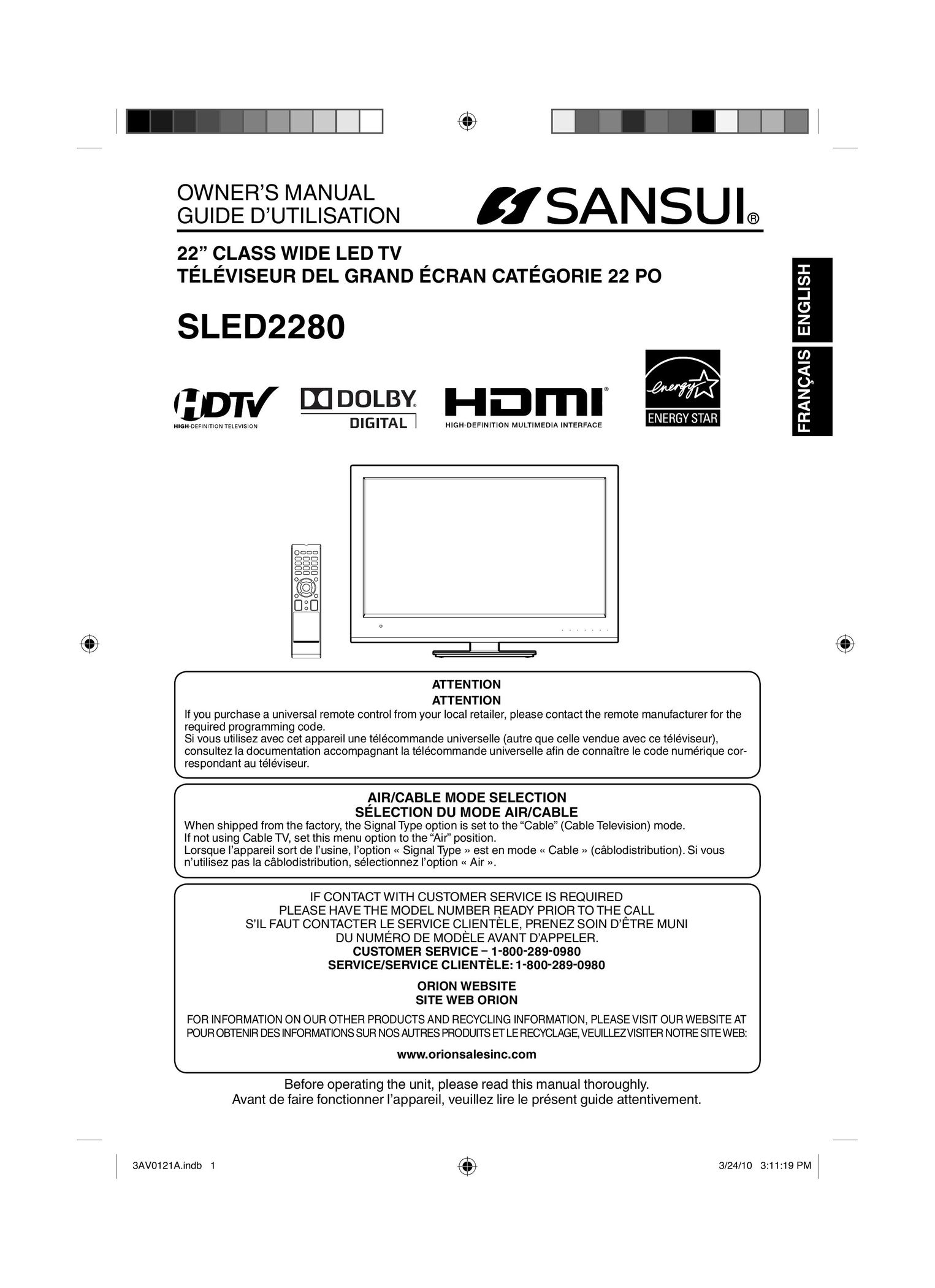 Sansui SLED2280 Flat Panel Television User Manual