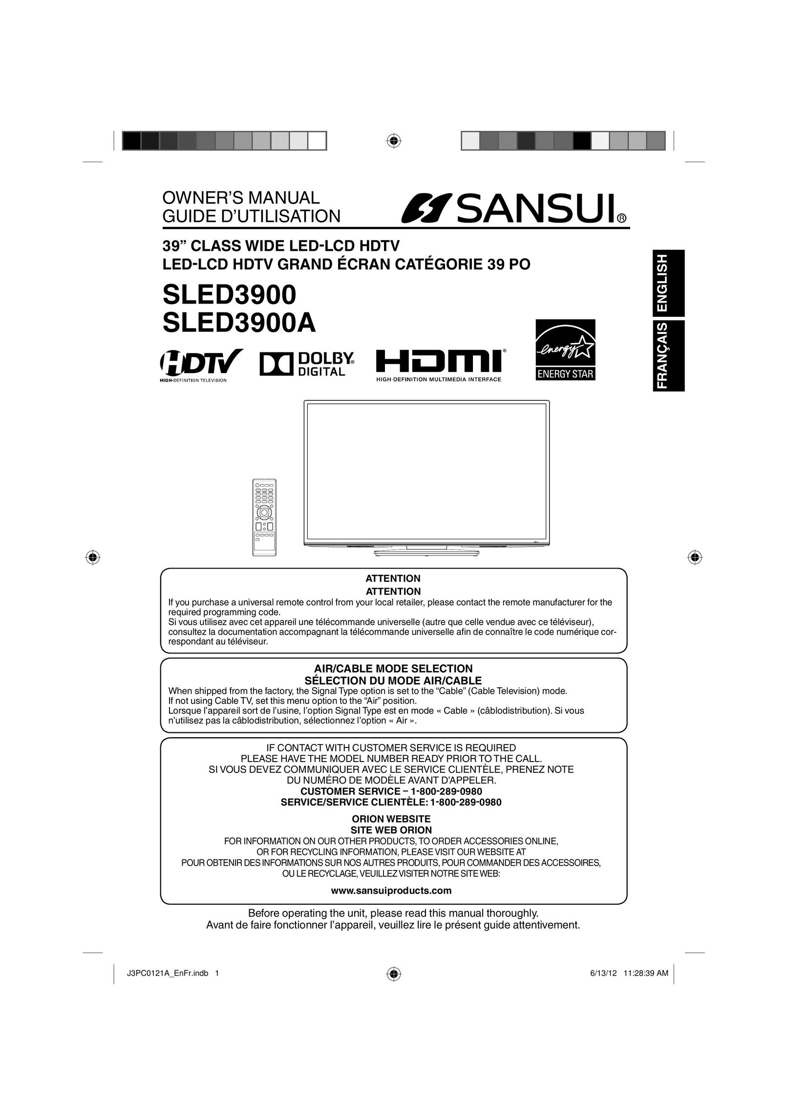Sansui SLED3900 Flat Panel Television User Manual